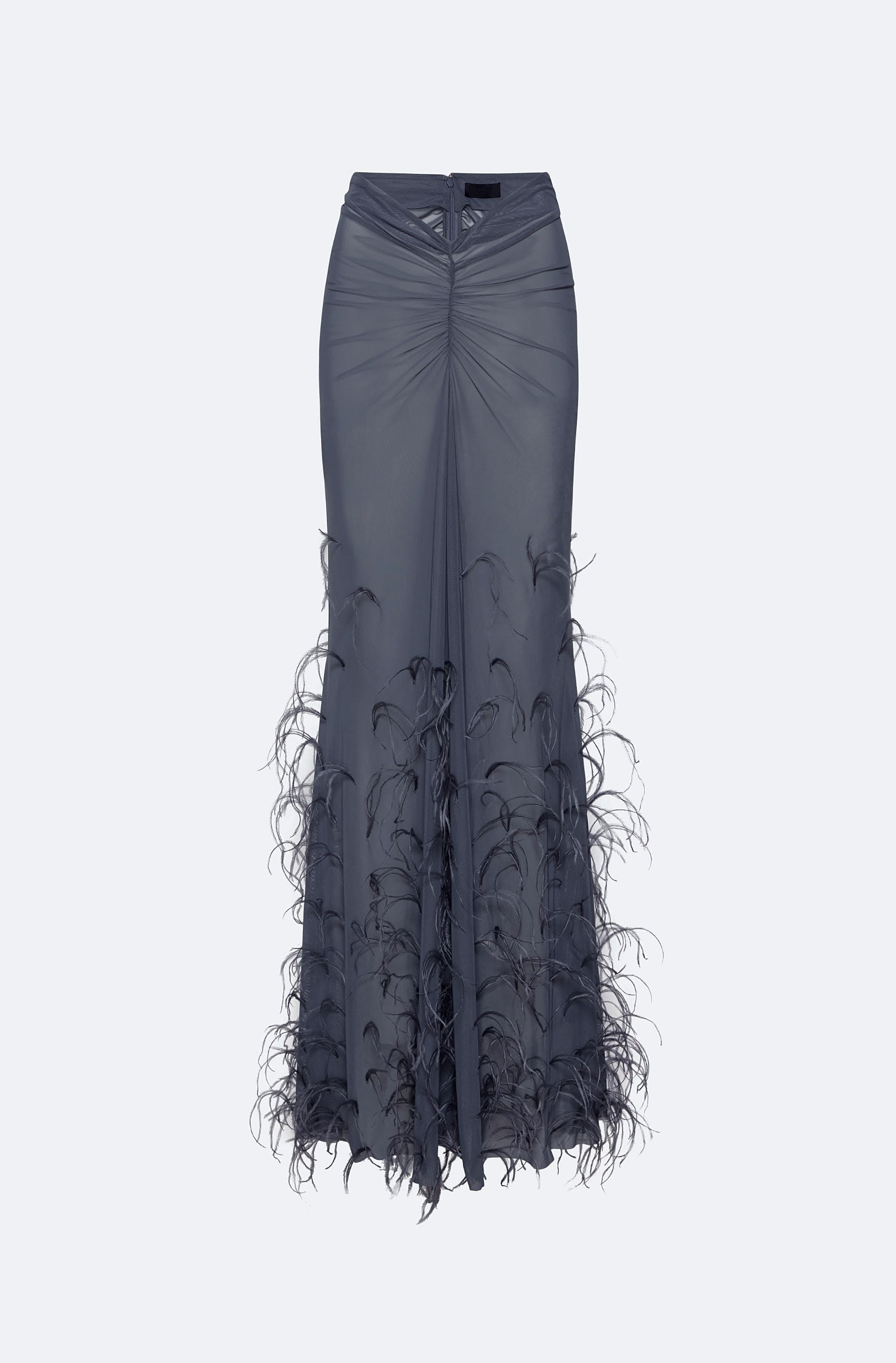 Mesh Ruched Maxi Skirt With Feathers - LAPOINTE