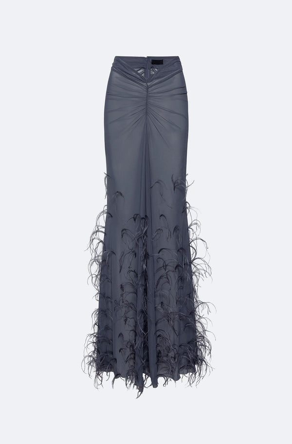 Mesh Ruched Maxi Skirt With Feathers - LAPOINTE