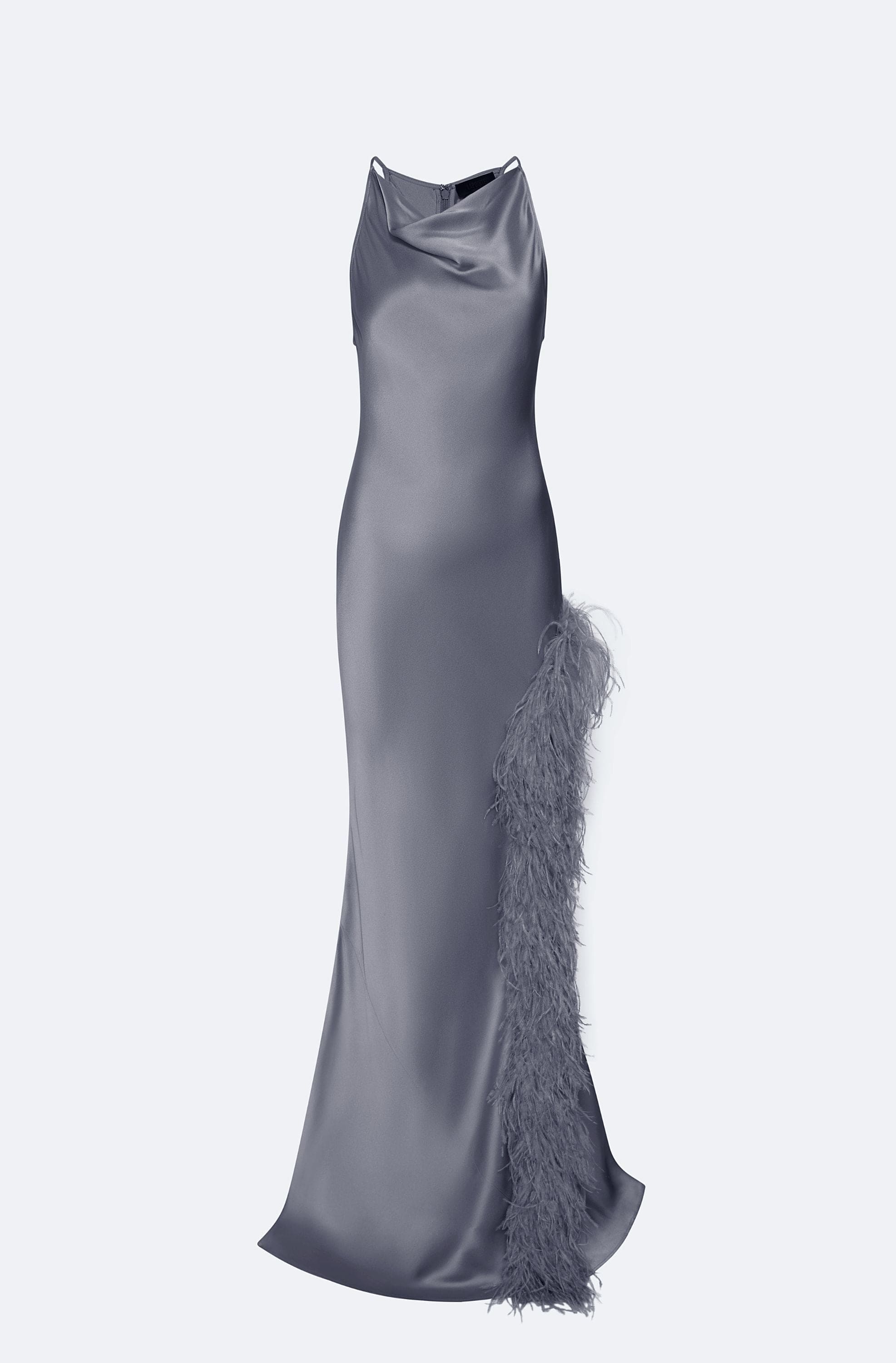 Satin Halter Gown With Feathers - LAPOINTE