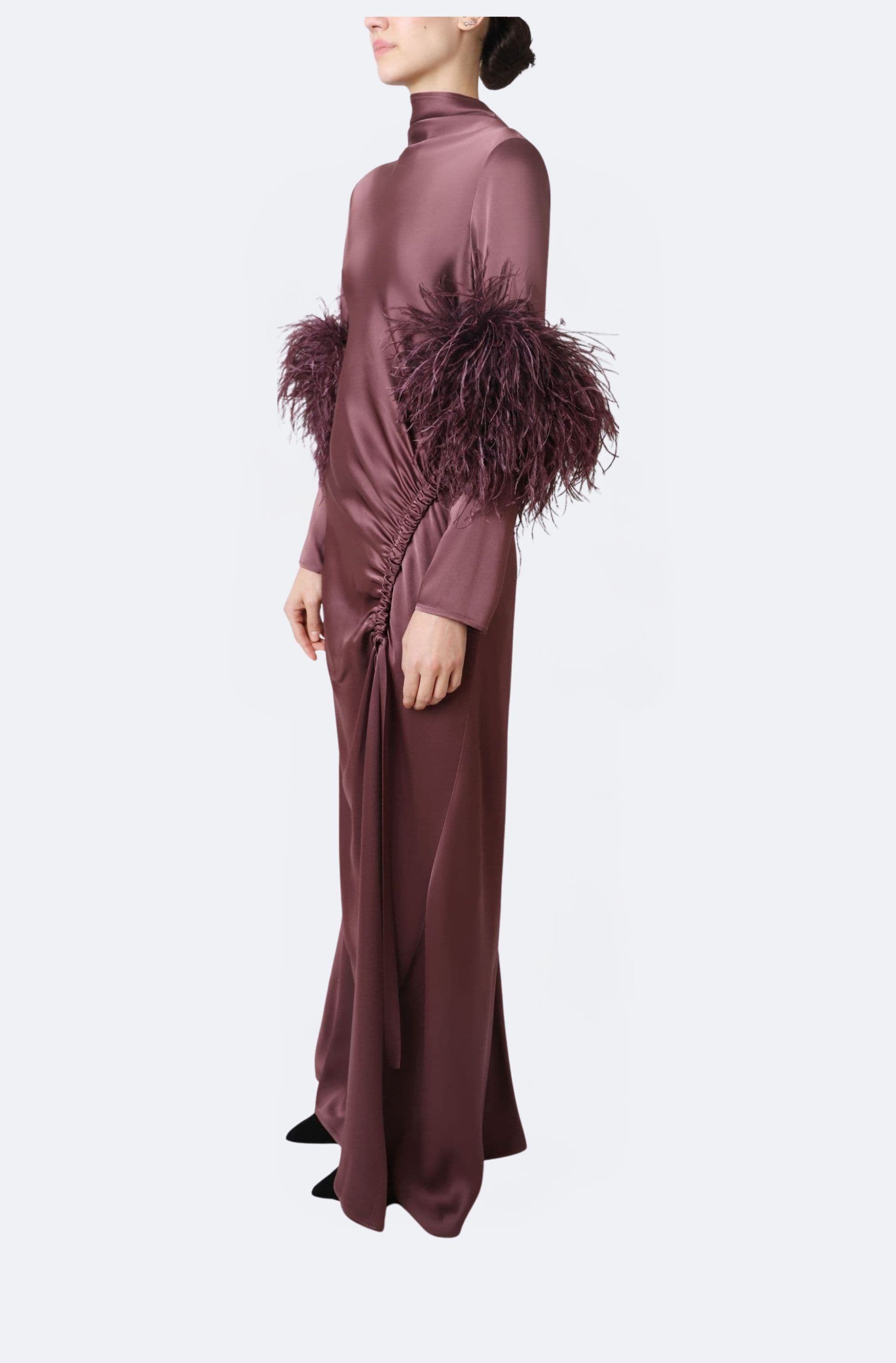 Satin Tab Gown With Feathers