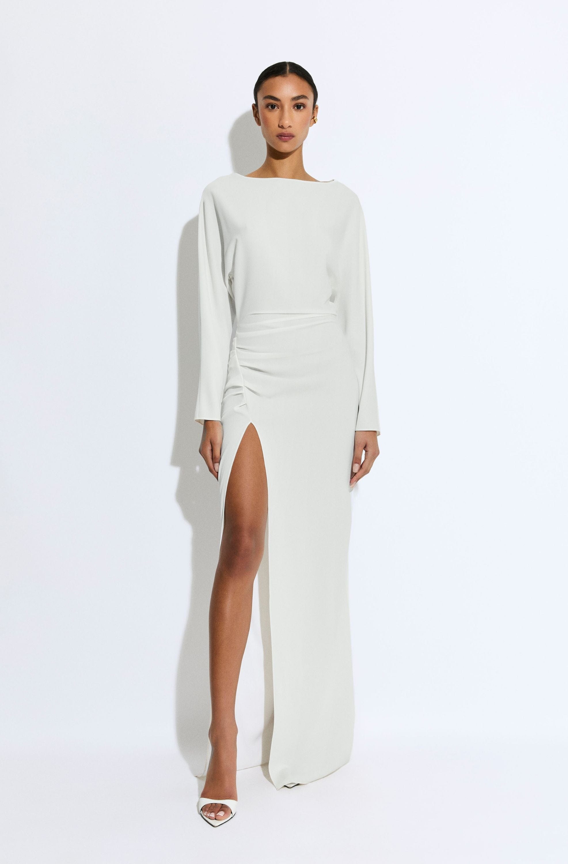 Stretch Drape Crepe Off The Shoulder Dress in Off white White