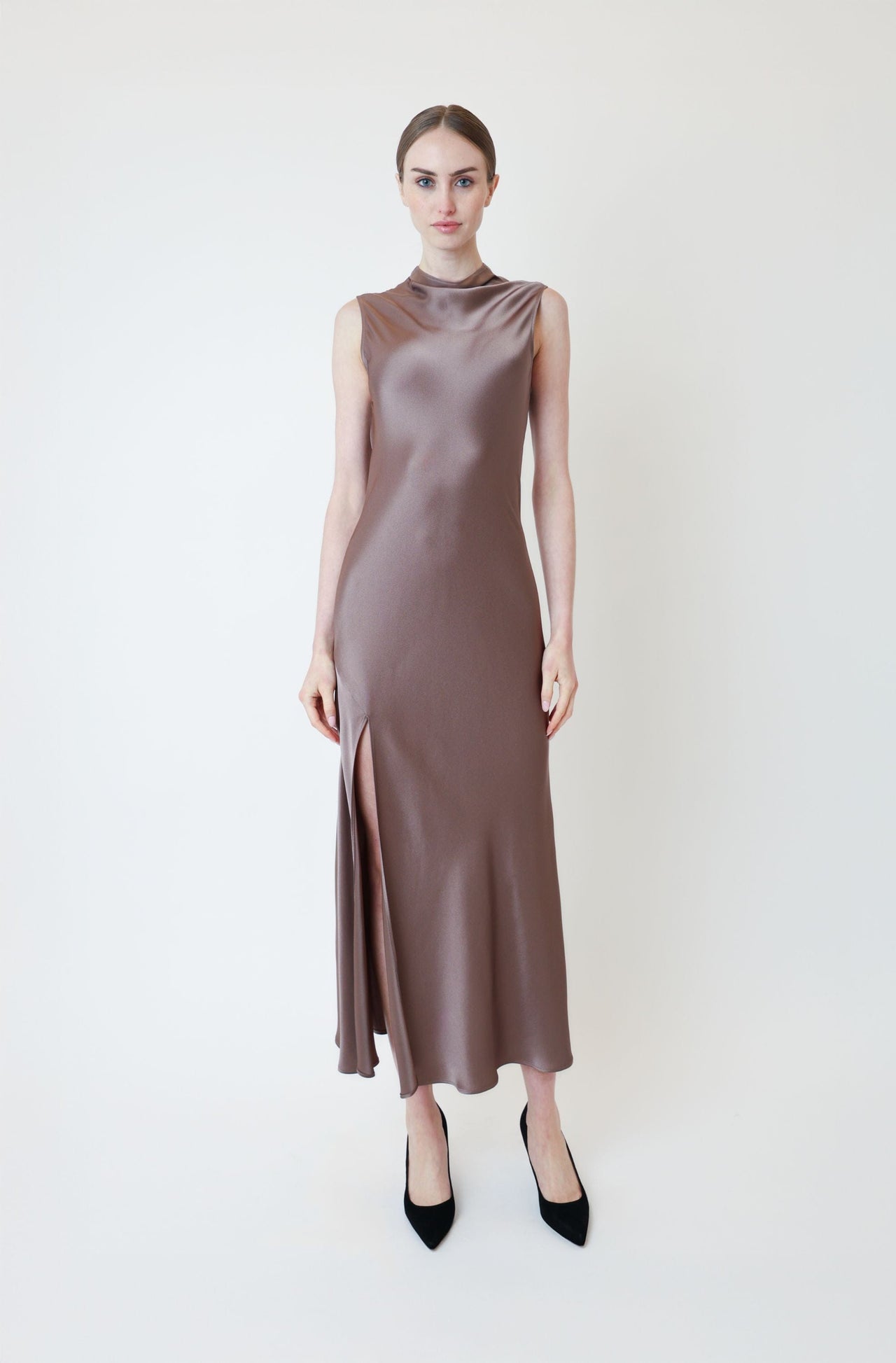 Satin Drape Neck Sleeveless Gown - LAPOINTE