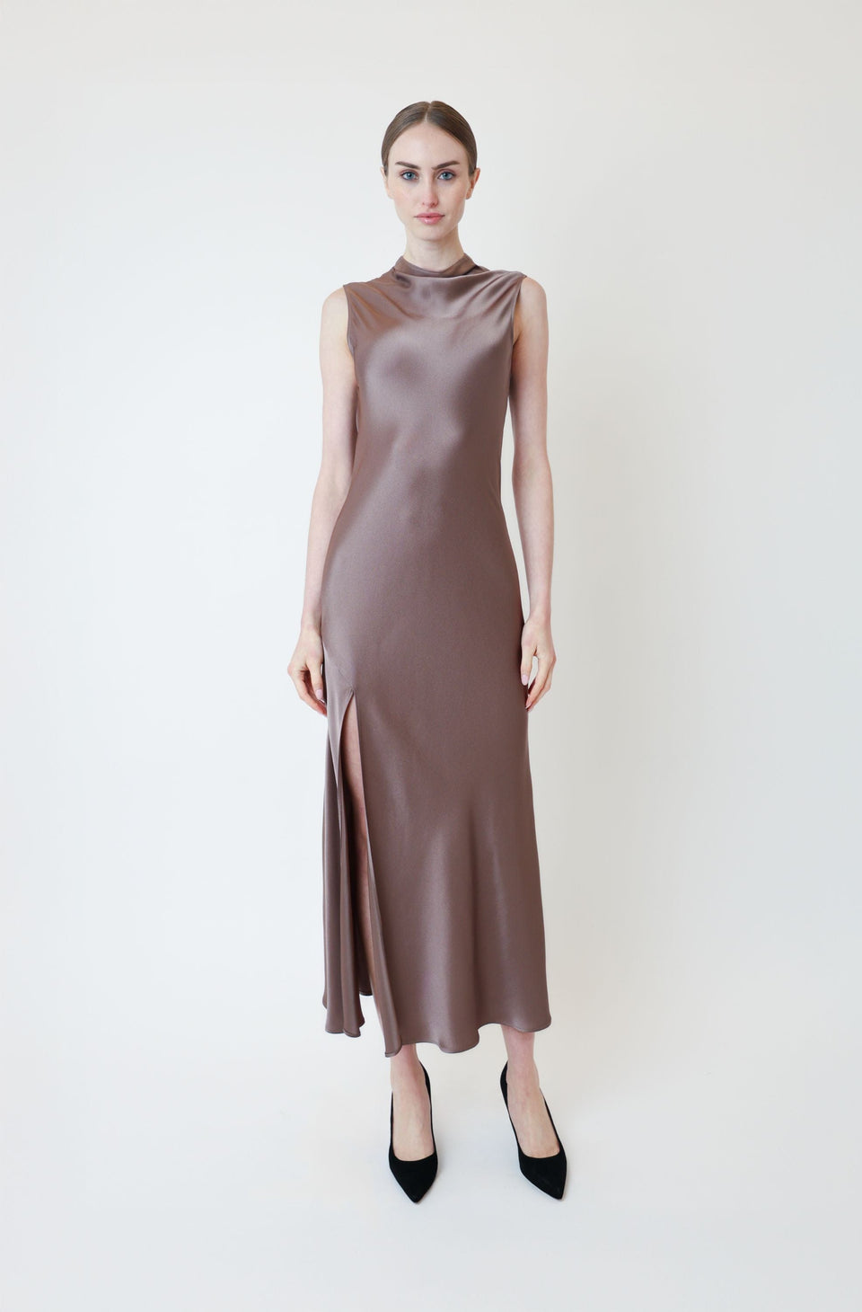 Satin Drape Neck Sleeveless Gown - LAPOINTE
