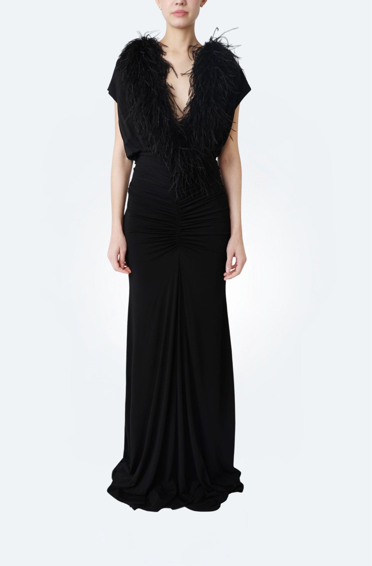 Jersey V Neck Shirred Gown With Feathers