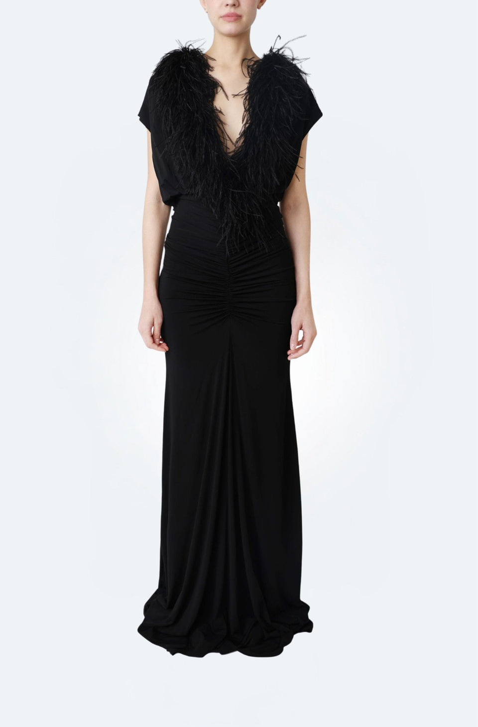 Jersey V Neck Shirred Gown With Feathers