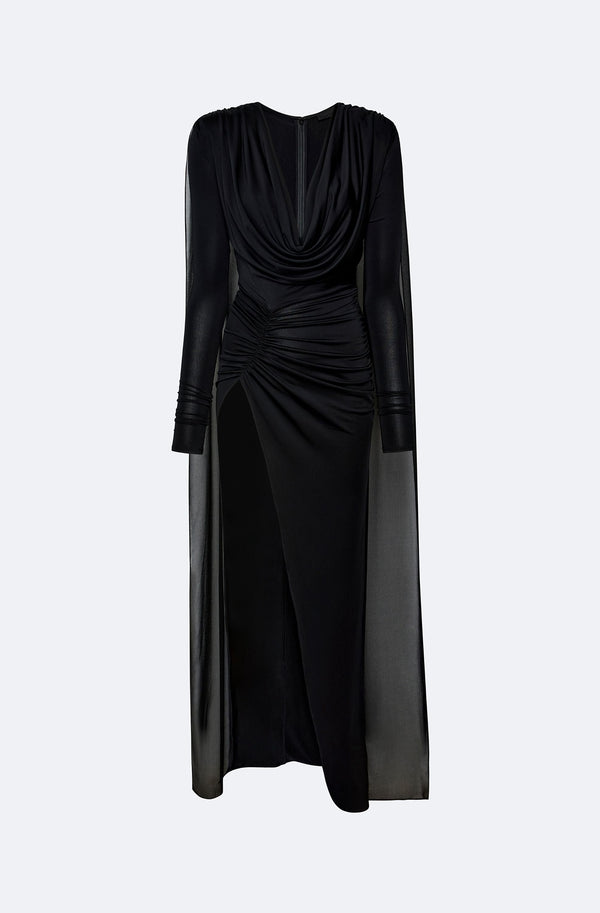 Jersey Cowl Neck Slit Gown With Georgette Cape - LAPOINTE