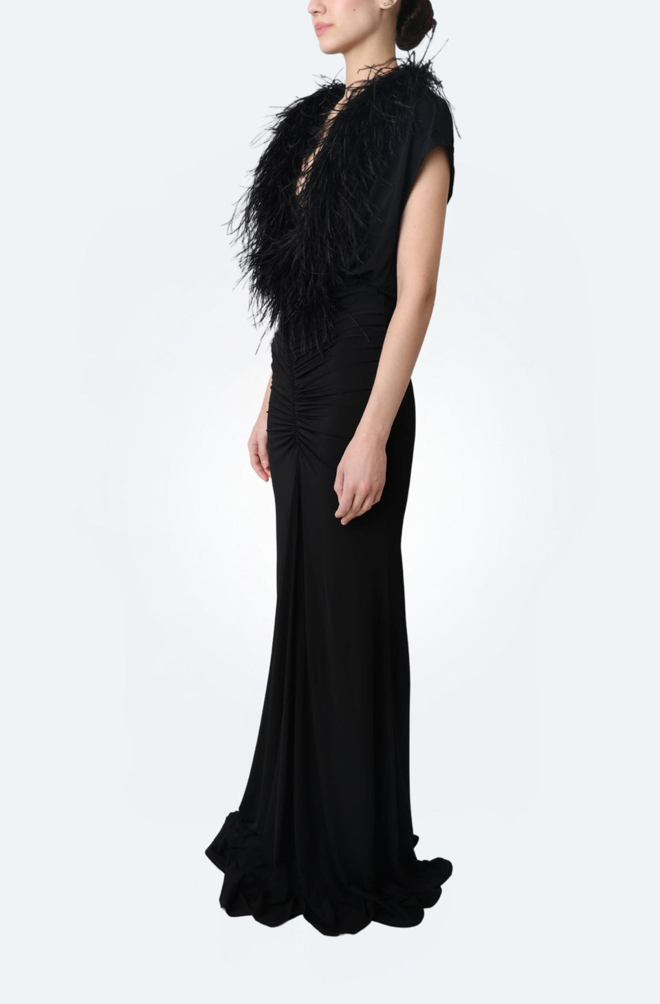 Jersey V Neck Shirred Gown With Feathers