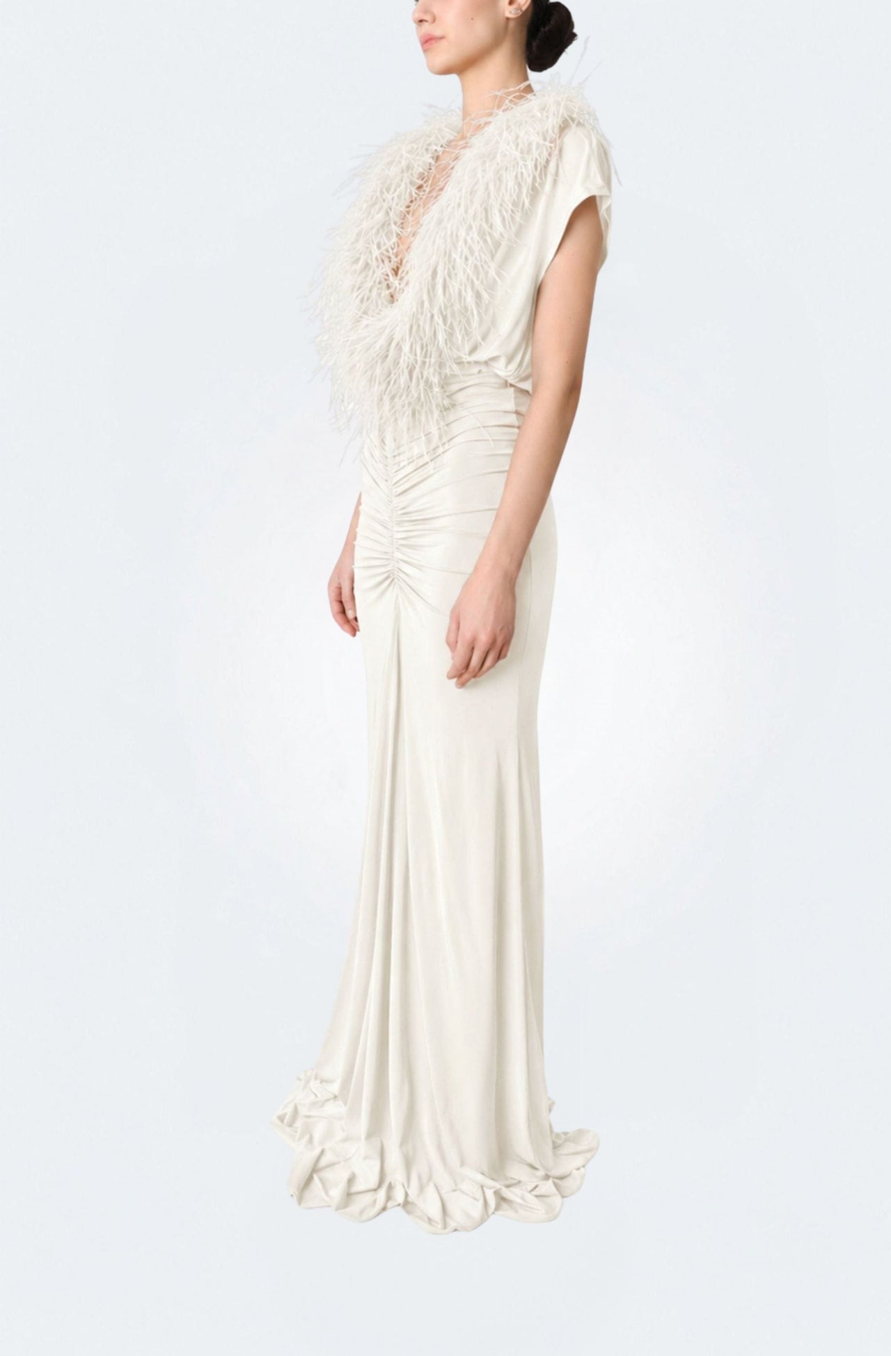 Jersey V Neck Shirred Gown With Feathers