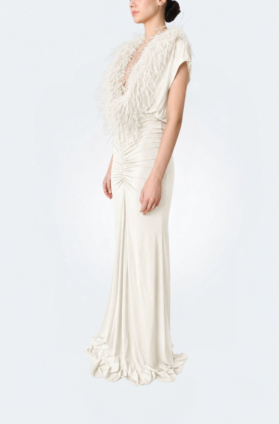 Jersey V Neck Shirred Gown With Feathers
