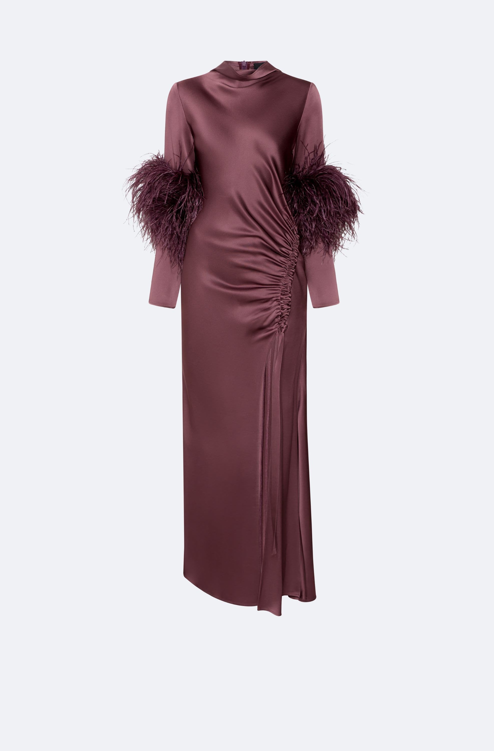 Satin Tab Gown With Feathers