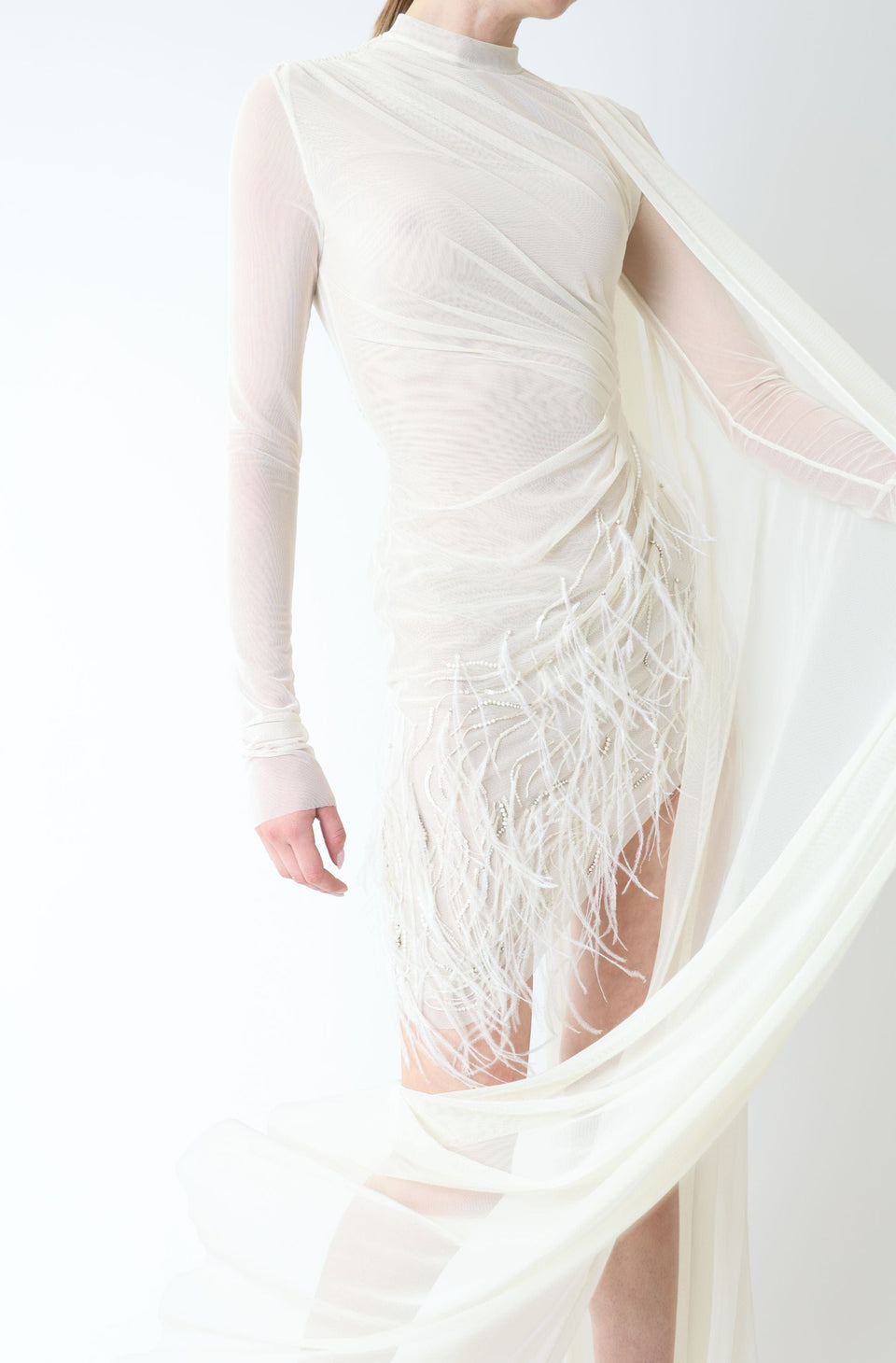 Mesh High Neck Cape Dress With Feathers