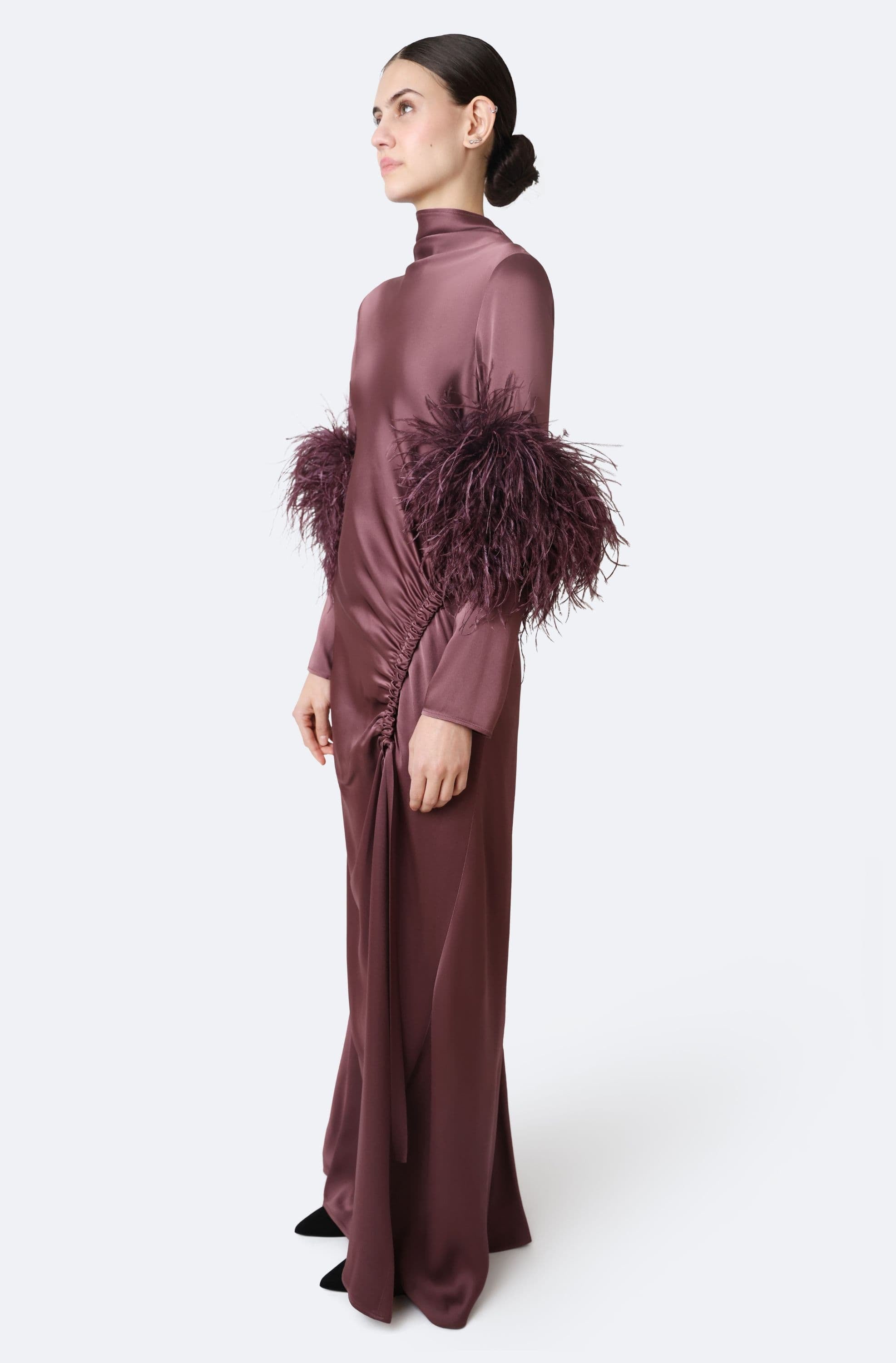 Satin Tab Gown With Feathers