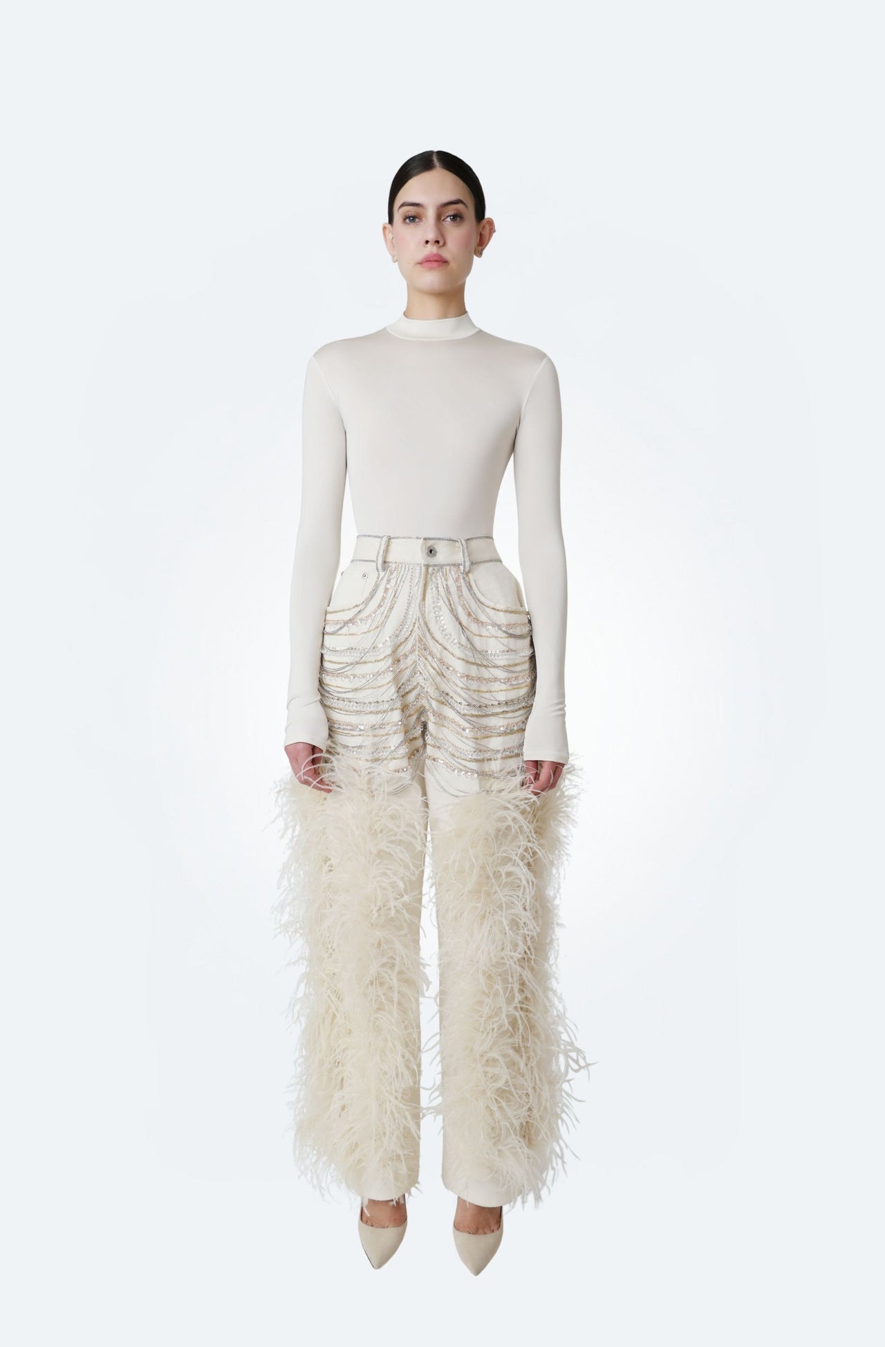 Stretch Cotton Twill Embroidered Pants With Feathers - LAPOINTE
