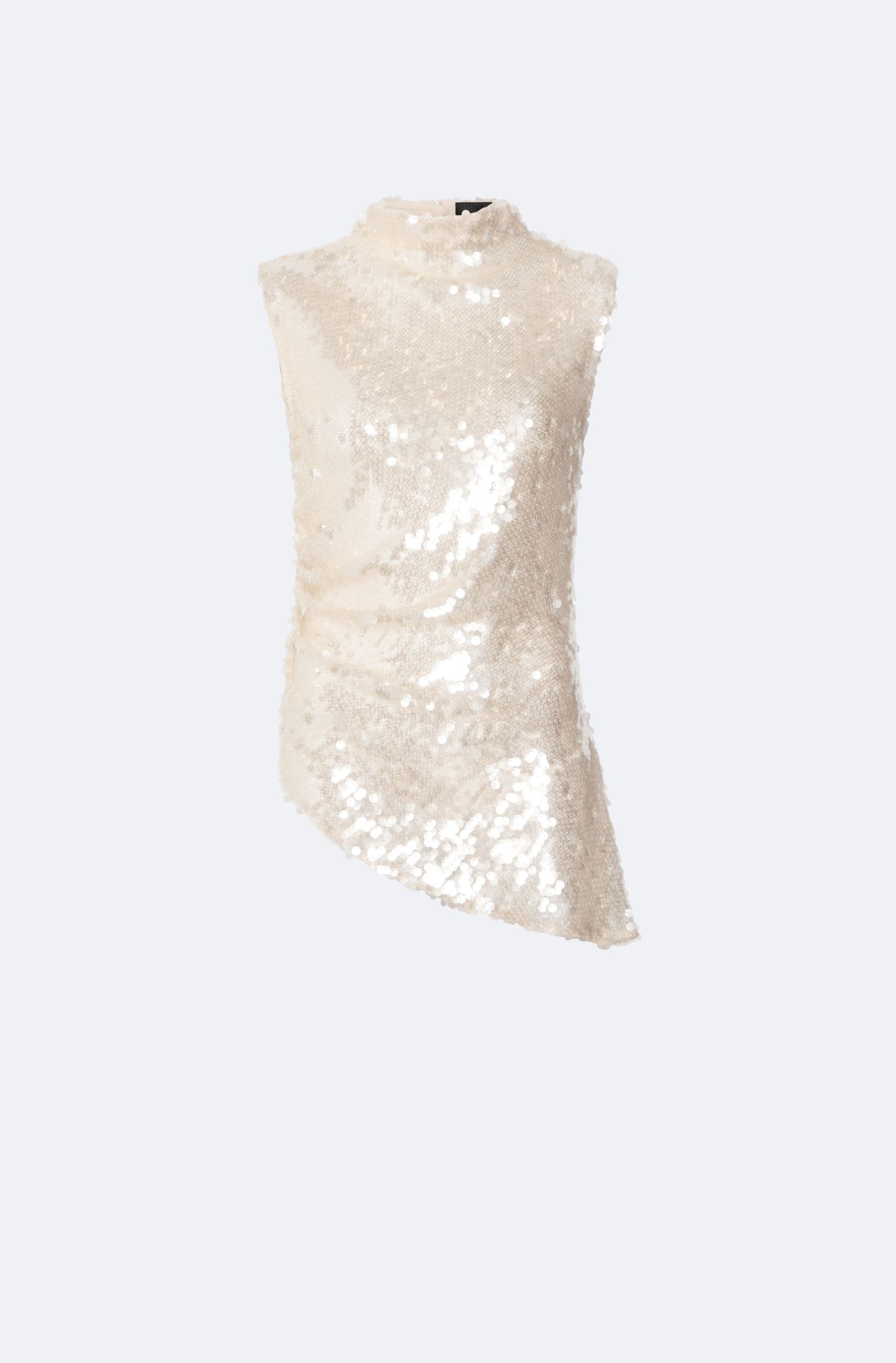 Mesh Sequin Mockneck Top With Pleats