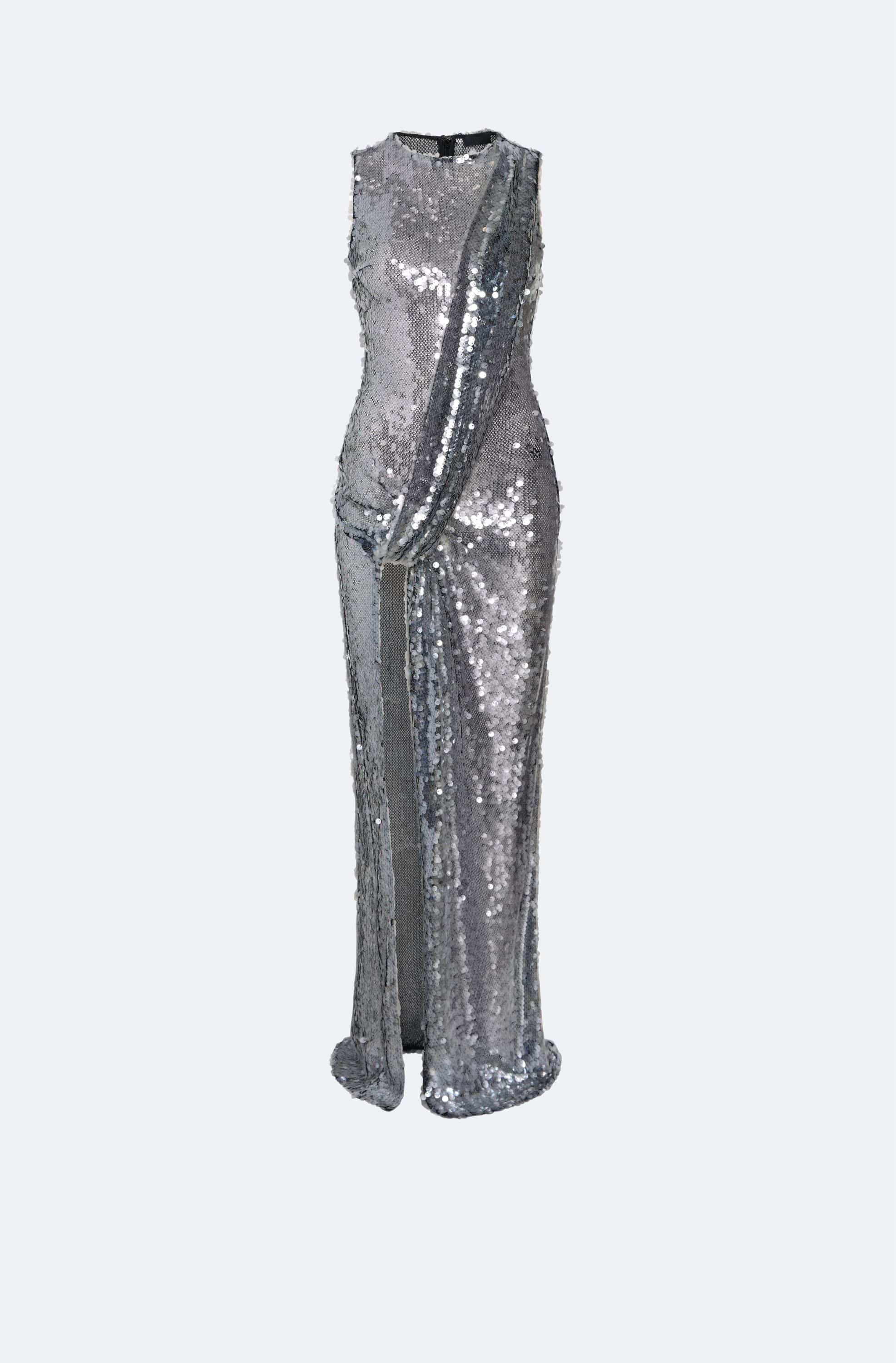 Mesh Sequin Sleeveless Gown With Sash