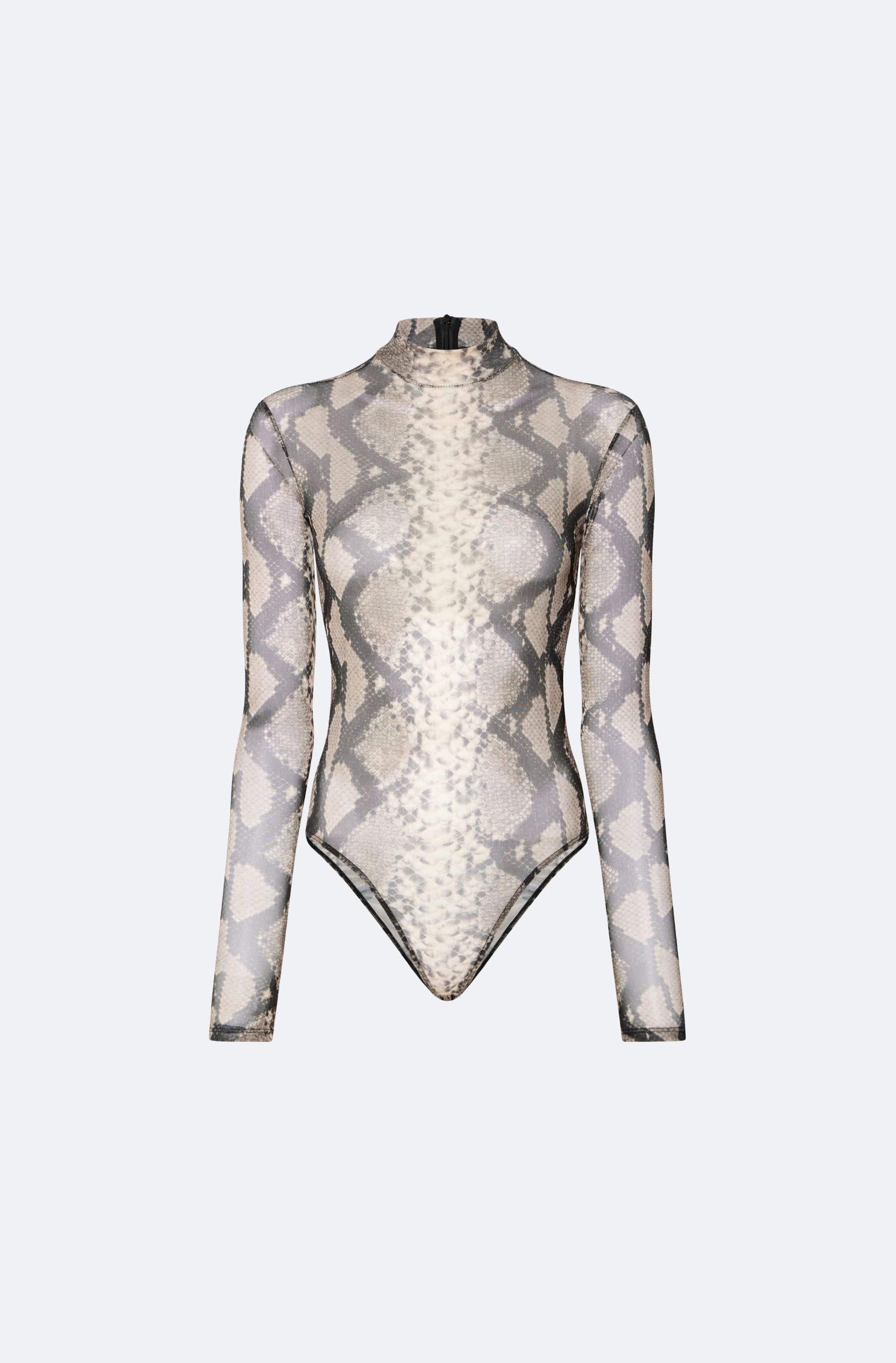 Printed Mesh Mock Neck Bodysuit