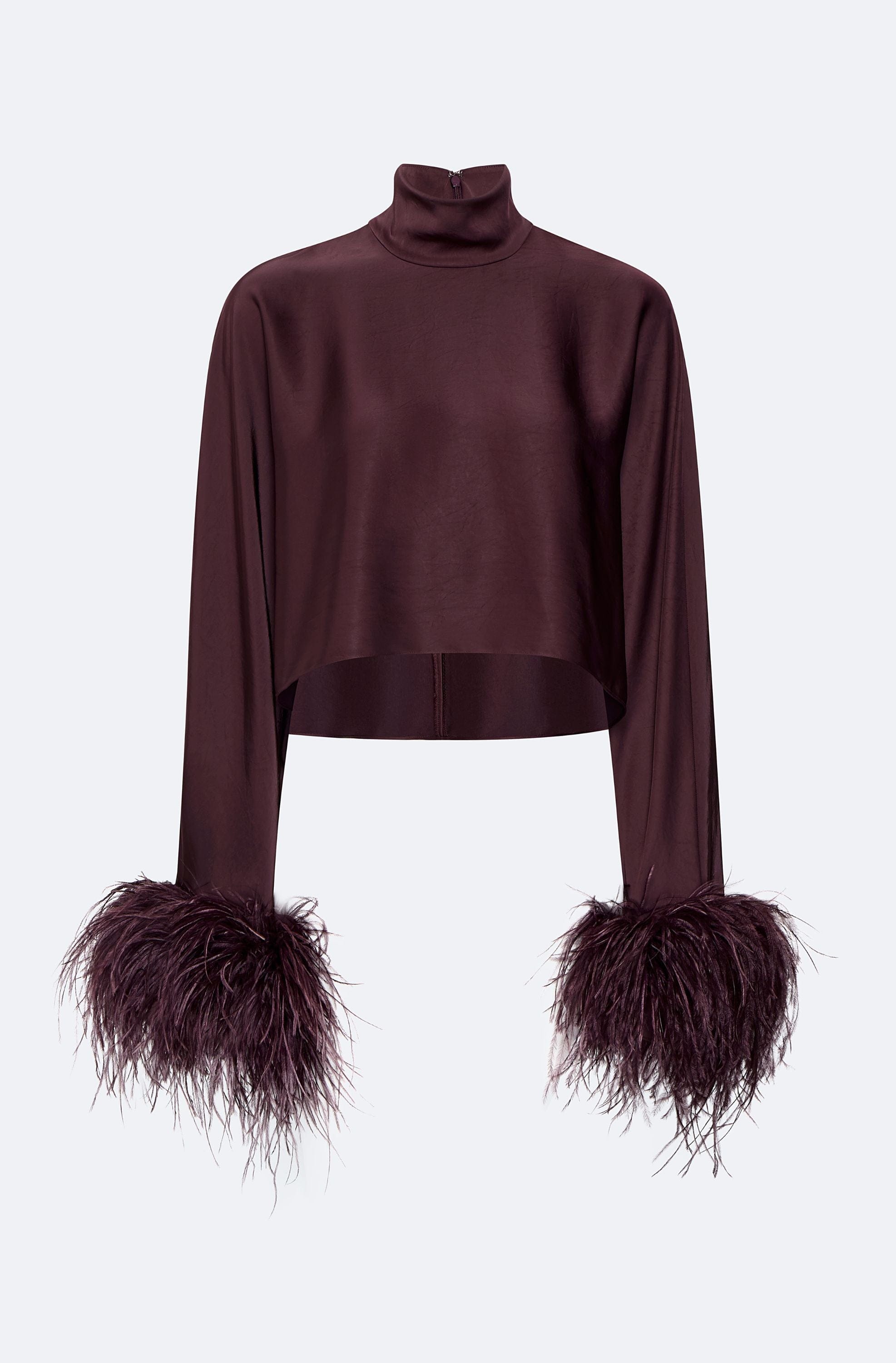 Lightweight Satin Caftan Top With Feathers in Mulberry Purple
