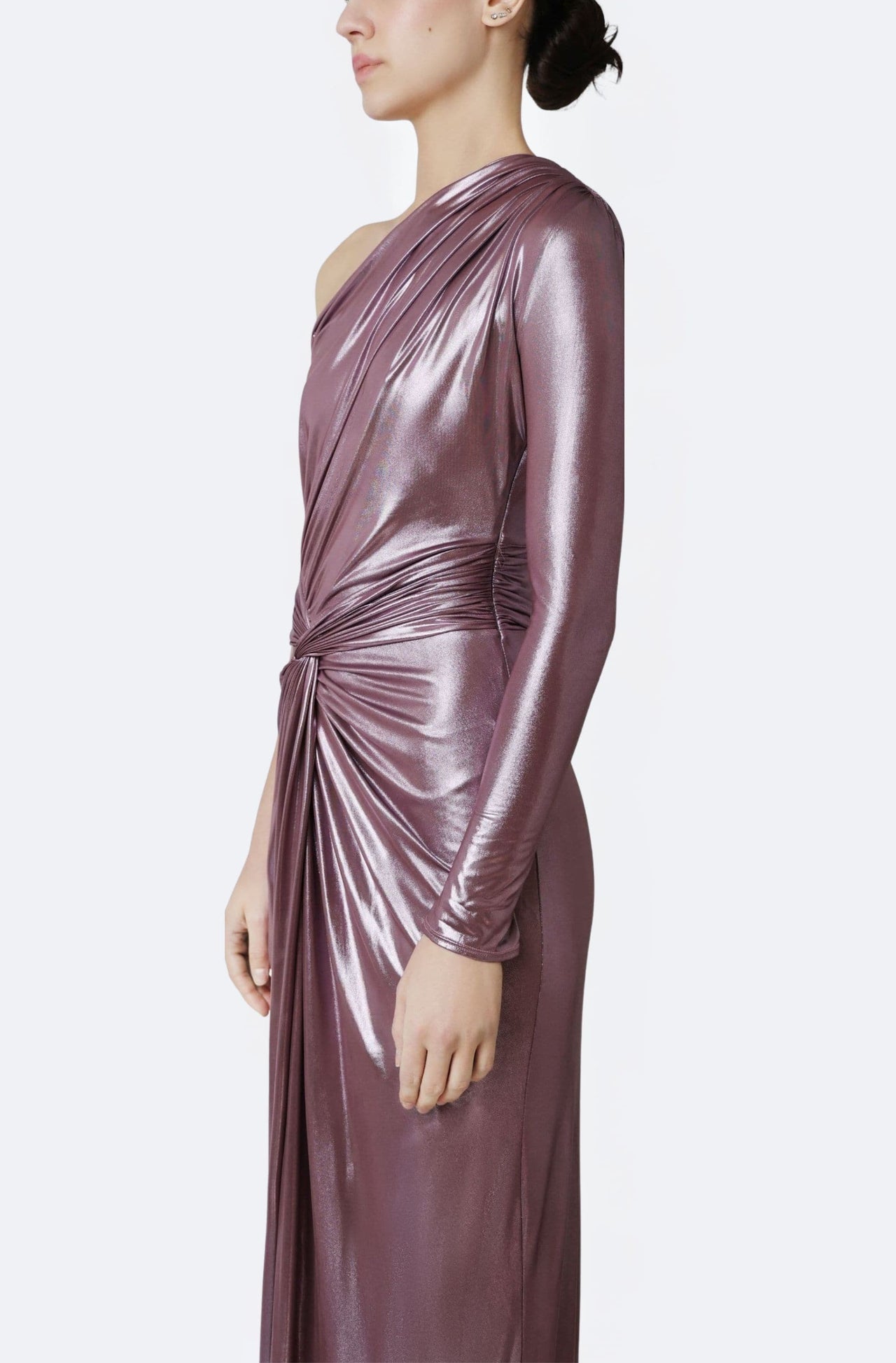 Coated Jersey One Shoulder Draped Maxi Dress
