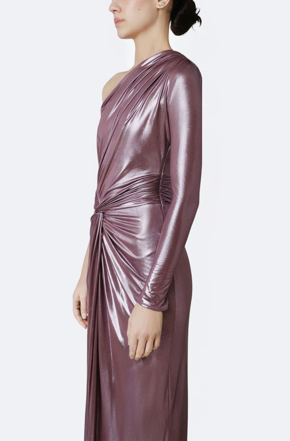 Coated Jersey One Shoulder Draped Maxi Dress