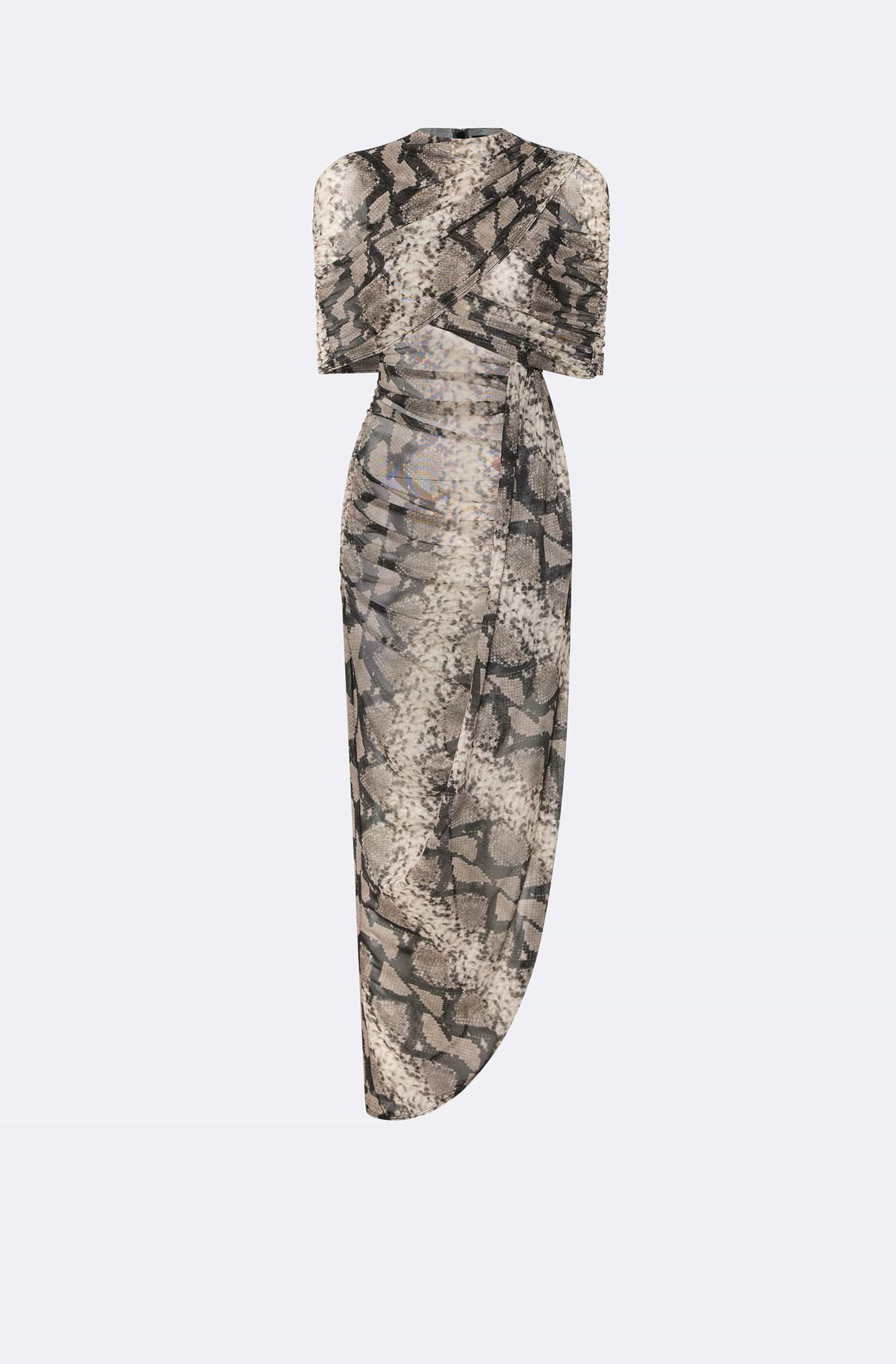 Printed Mesh Double Shawl Draped Dress