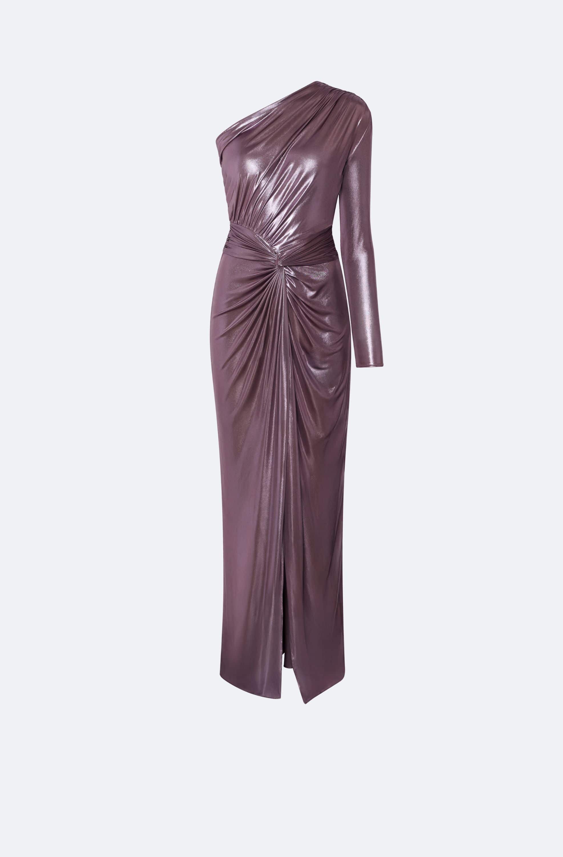 Coated Jersey One Shoulder Draped Maxi Dress