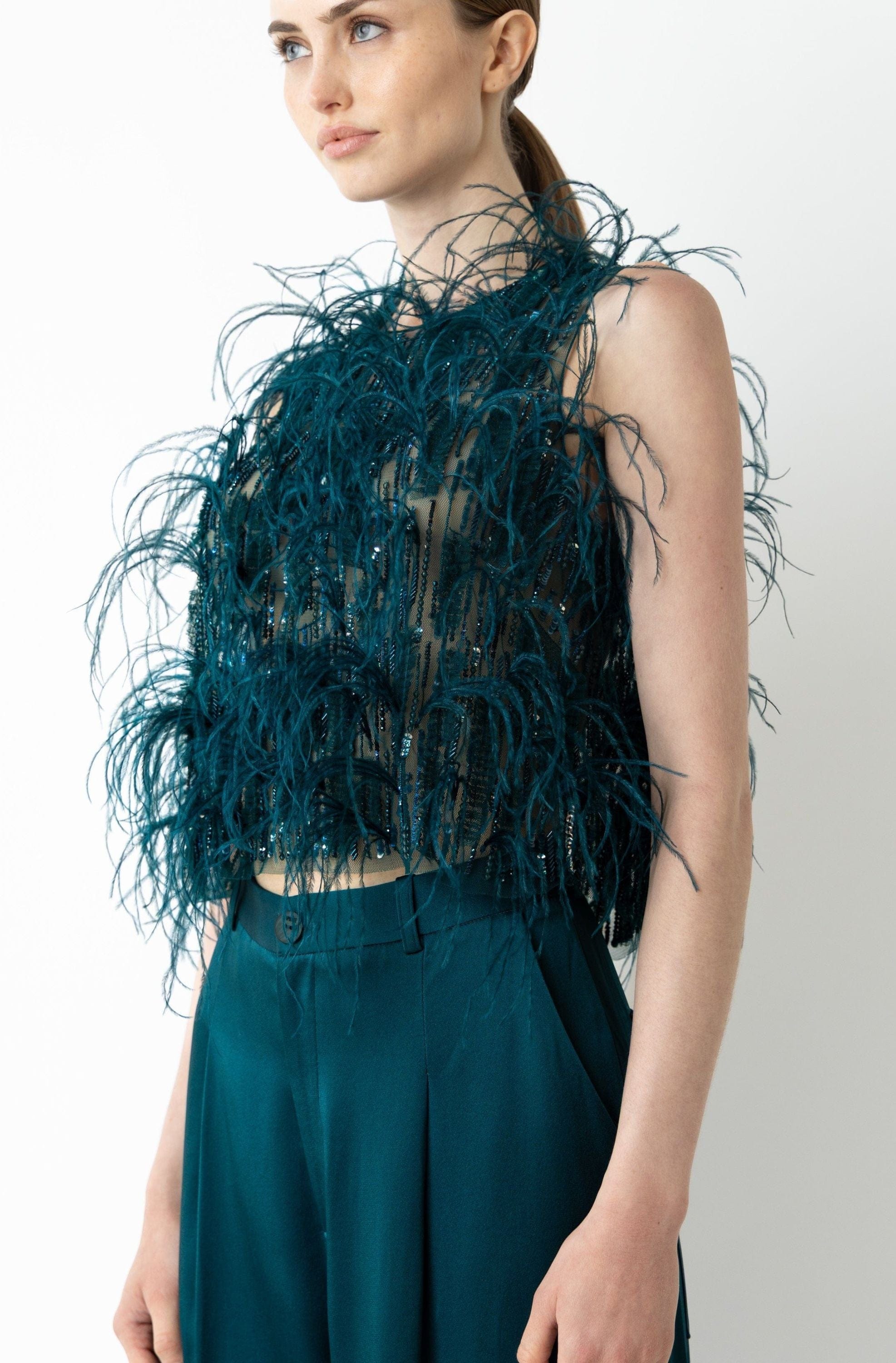Cascading Feather Embellished Cropped Tank in Dark teal Blue