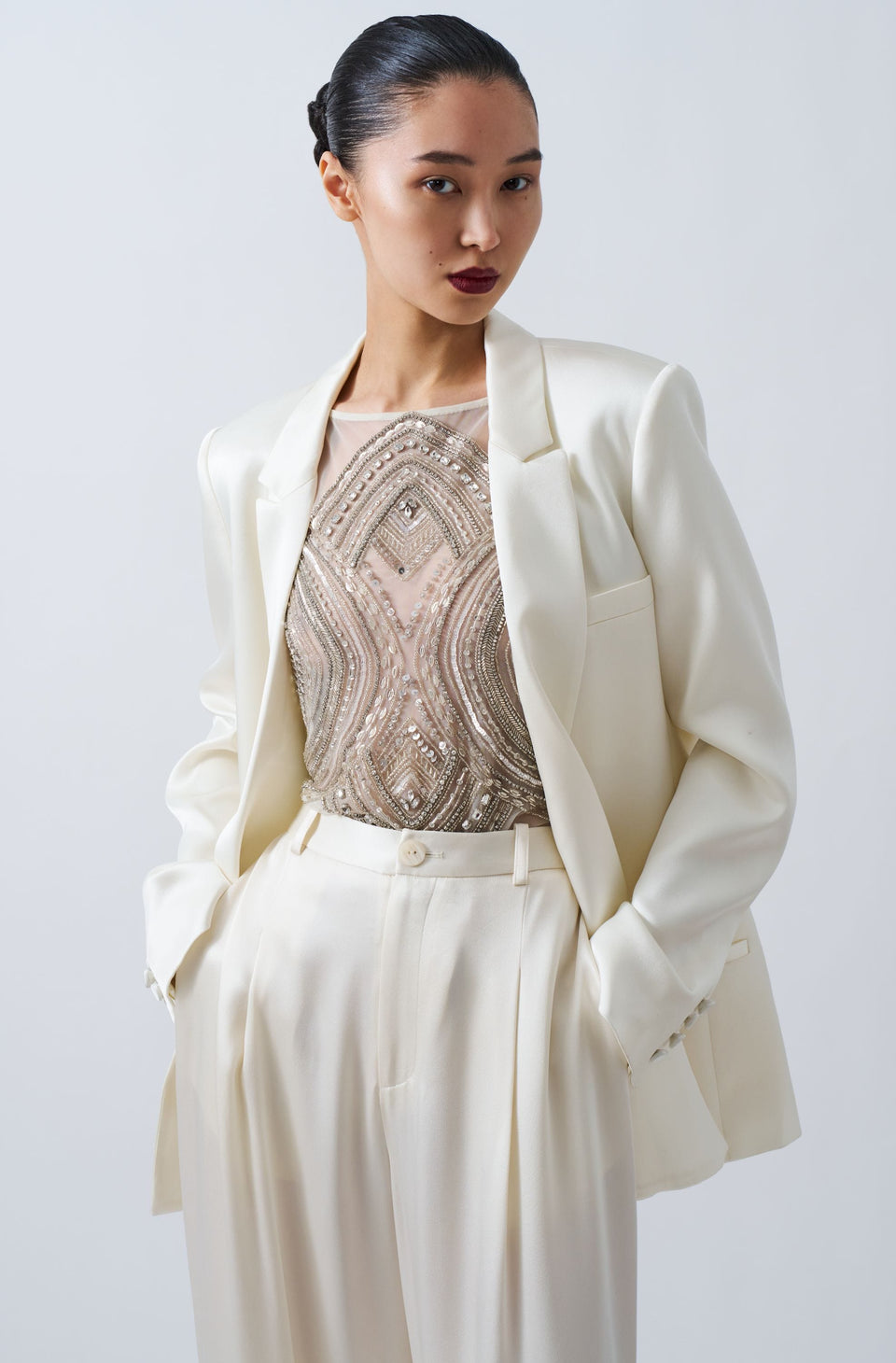 Mosaic Crystal Embroidery Sleeveless Bodysuit - LAPOINTE