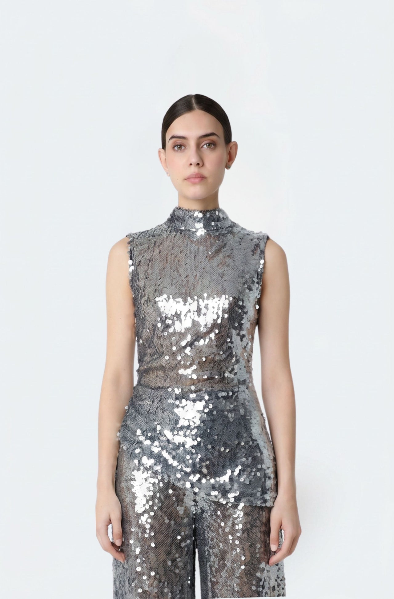 Mesh Sequin Mockneck Top With Pleats