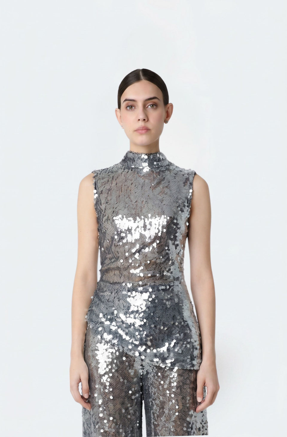 Mesh Sequin Mockneck Top With Pleats