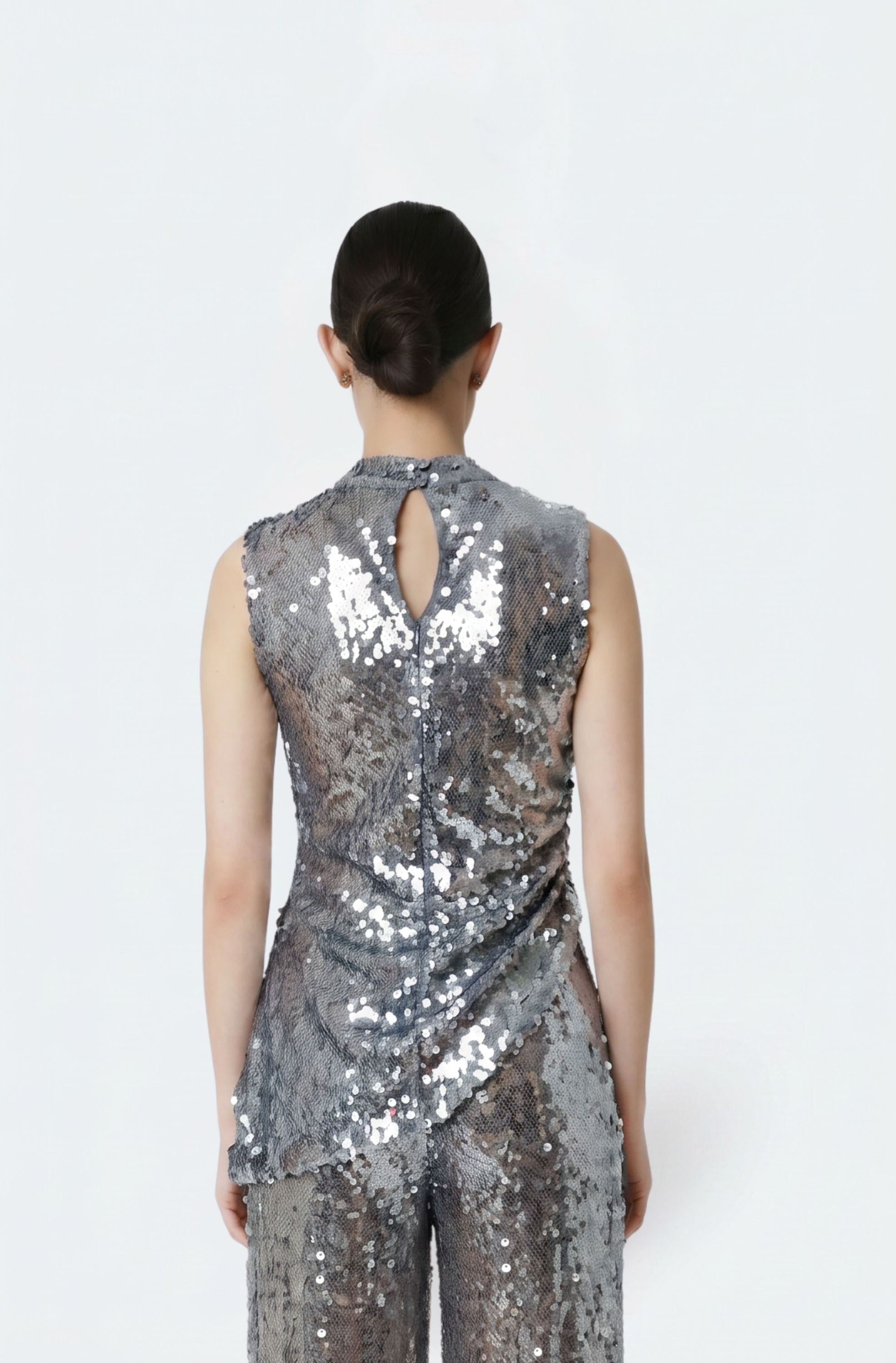 Mesh Sequin Mockneck Top With Pleats