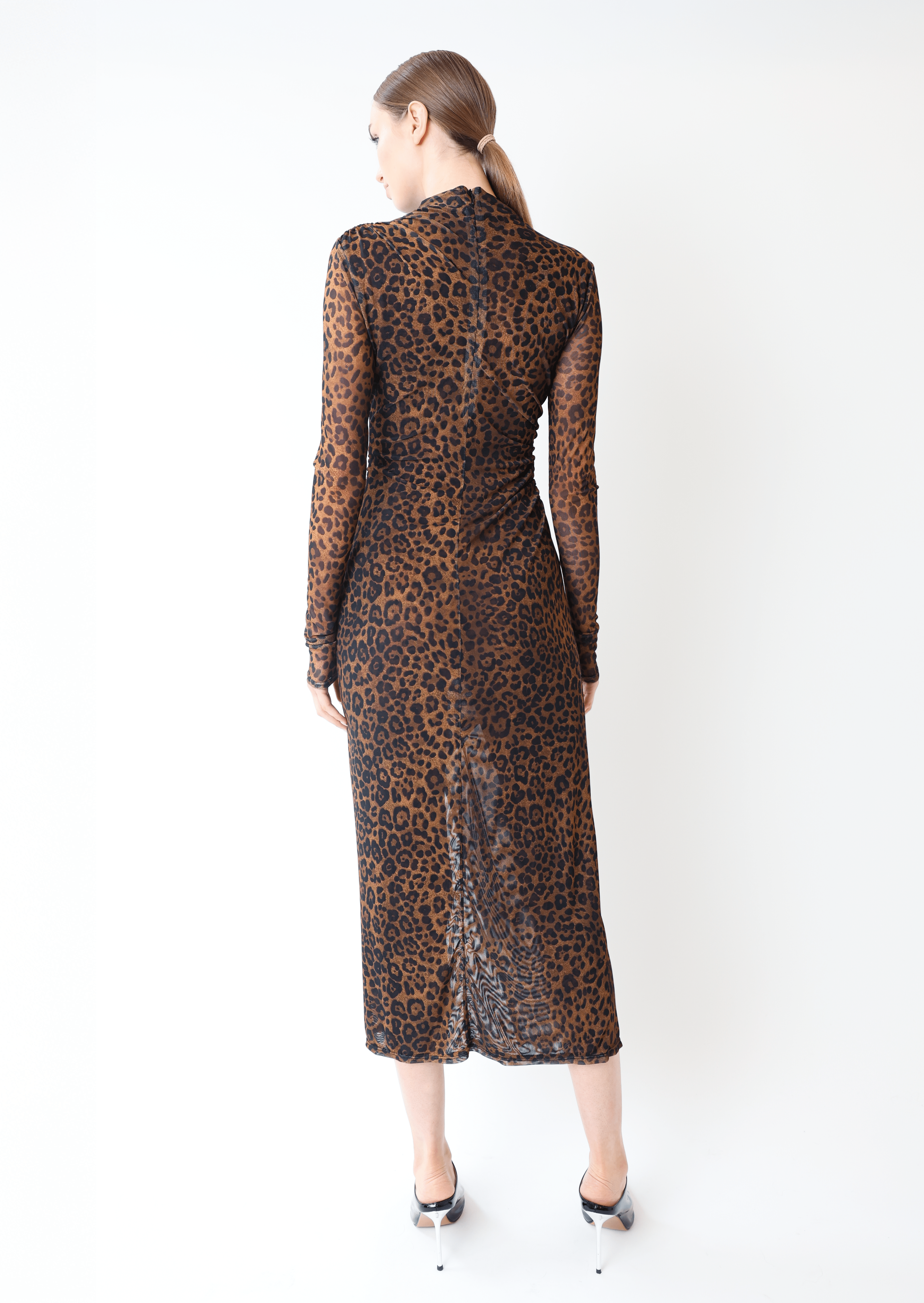 Printed Mesh Draped Midi Dress - LAPOINTE