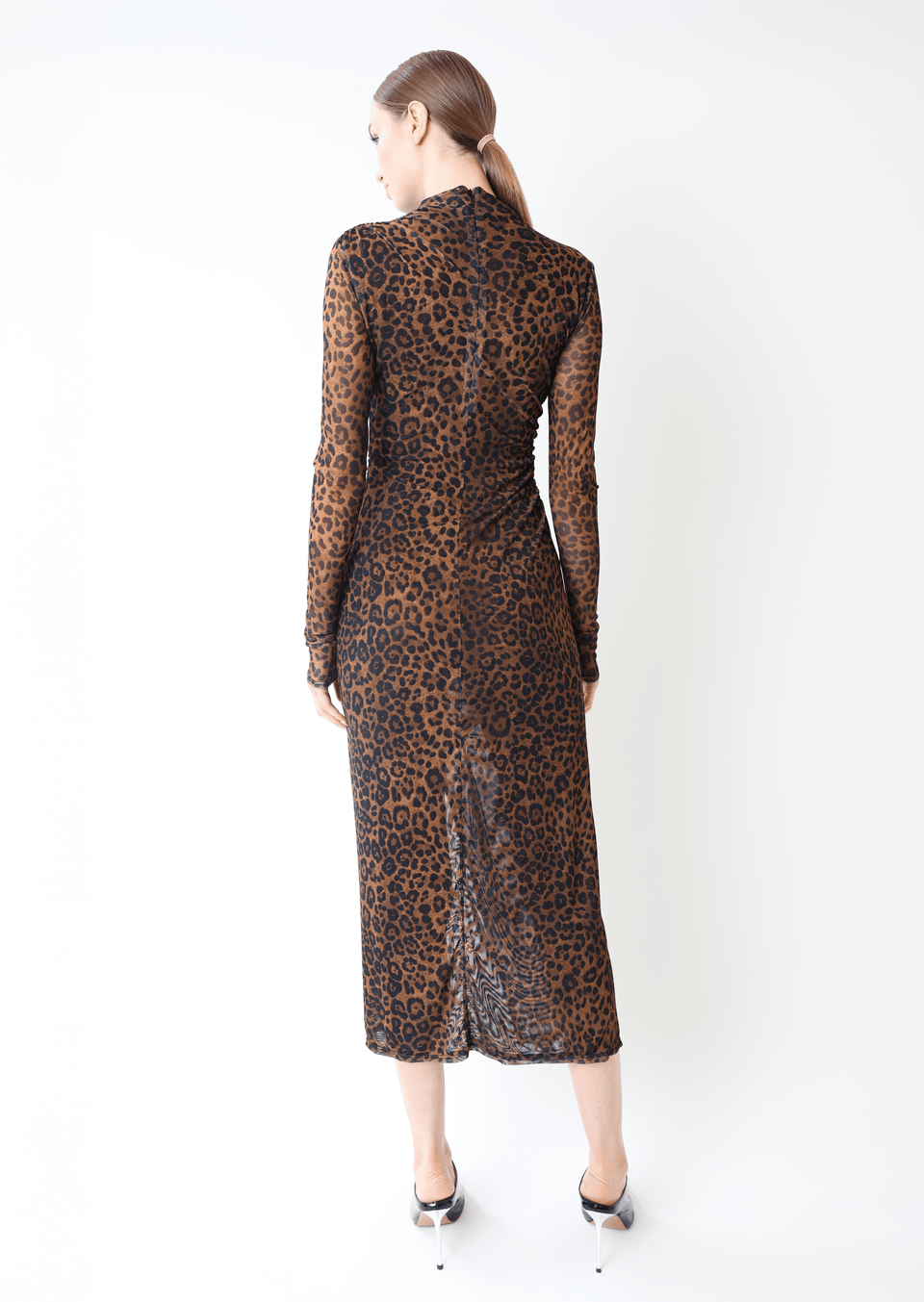 Printed Mesh Draped Midi Dress