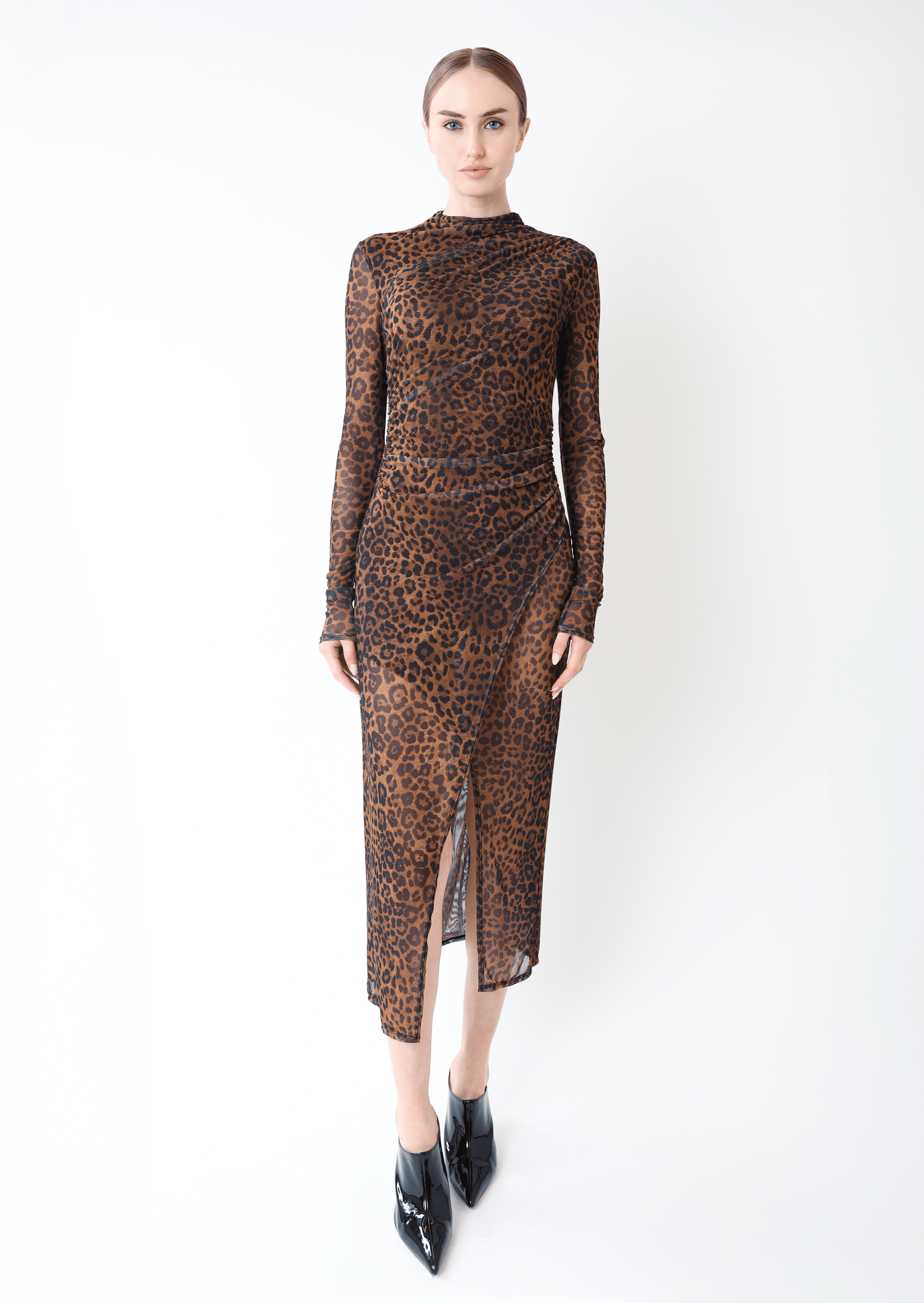 Printed Mesh Draped Midi Dress - LAPOINTE