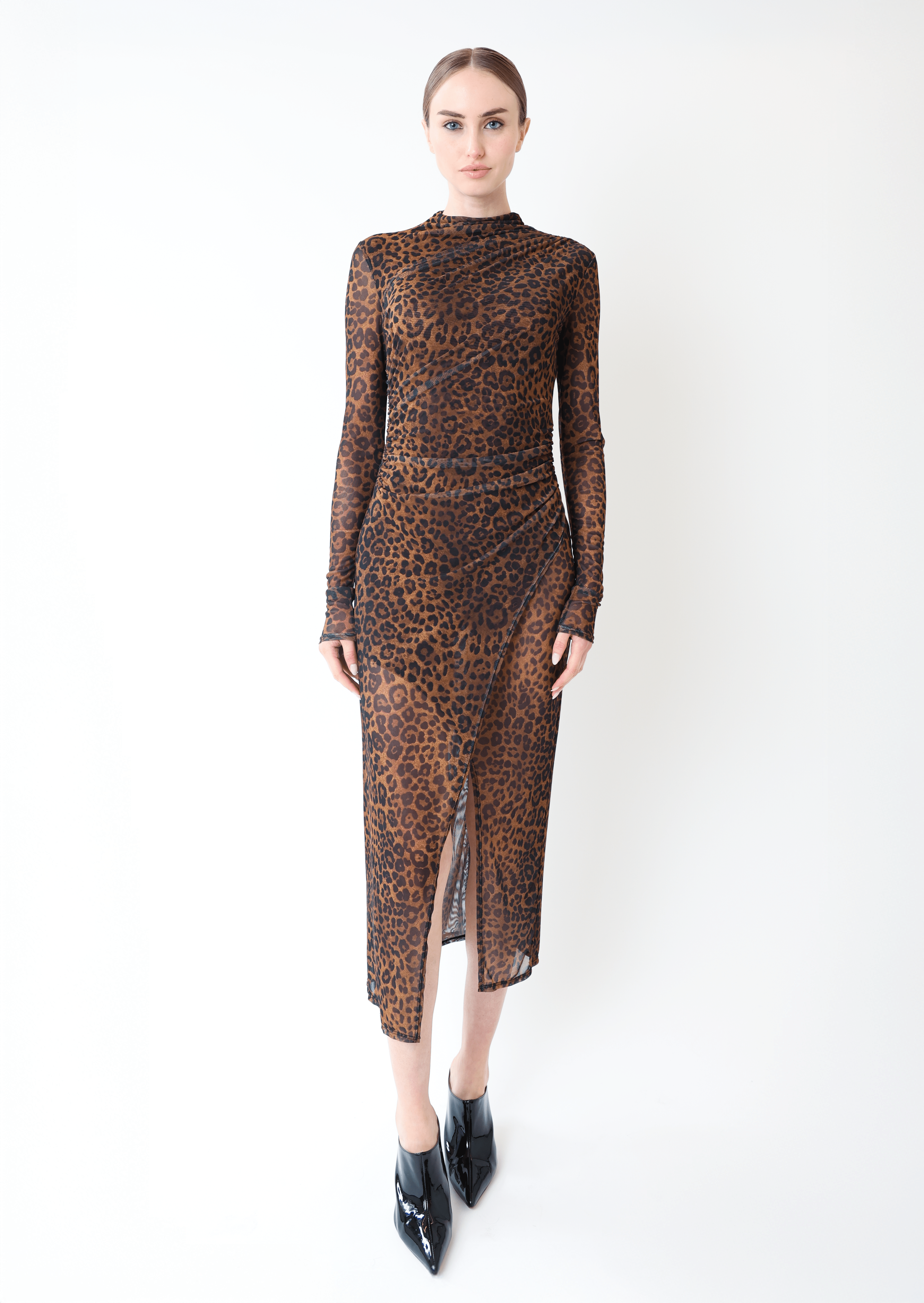 Printed Mesh Draped Midi Dress - LAPOINTE