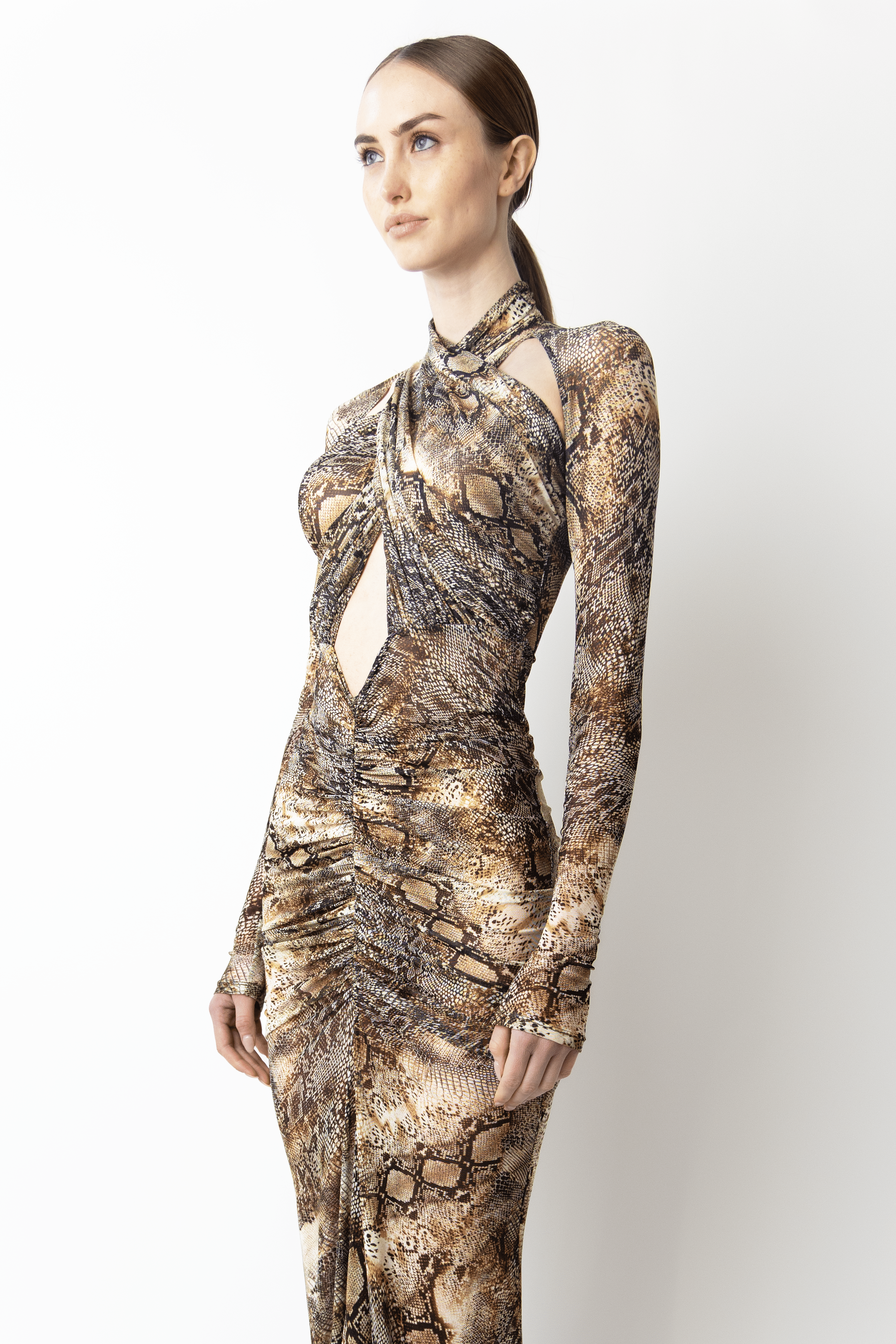 Printed Mesh Halter Ruched Gown - LAPOINTE