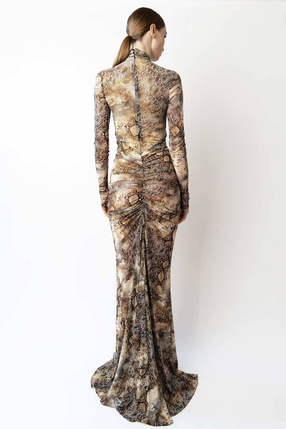 Printed Mesh Halter Ruched Gown