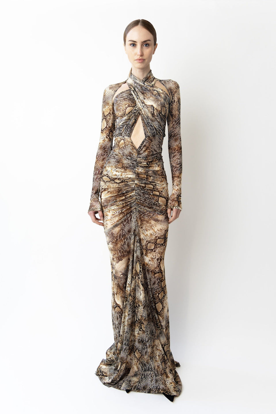 Printed Mesh Halter Ruched Gown