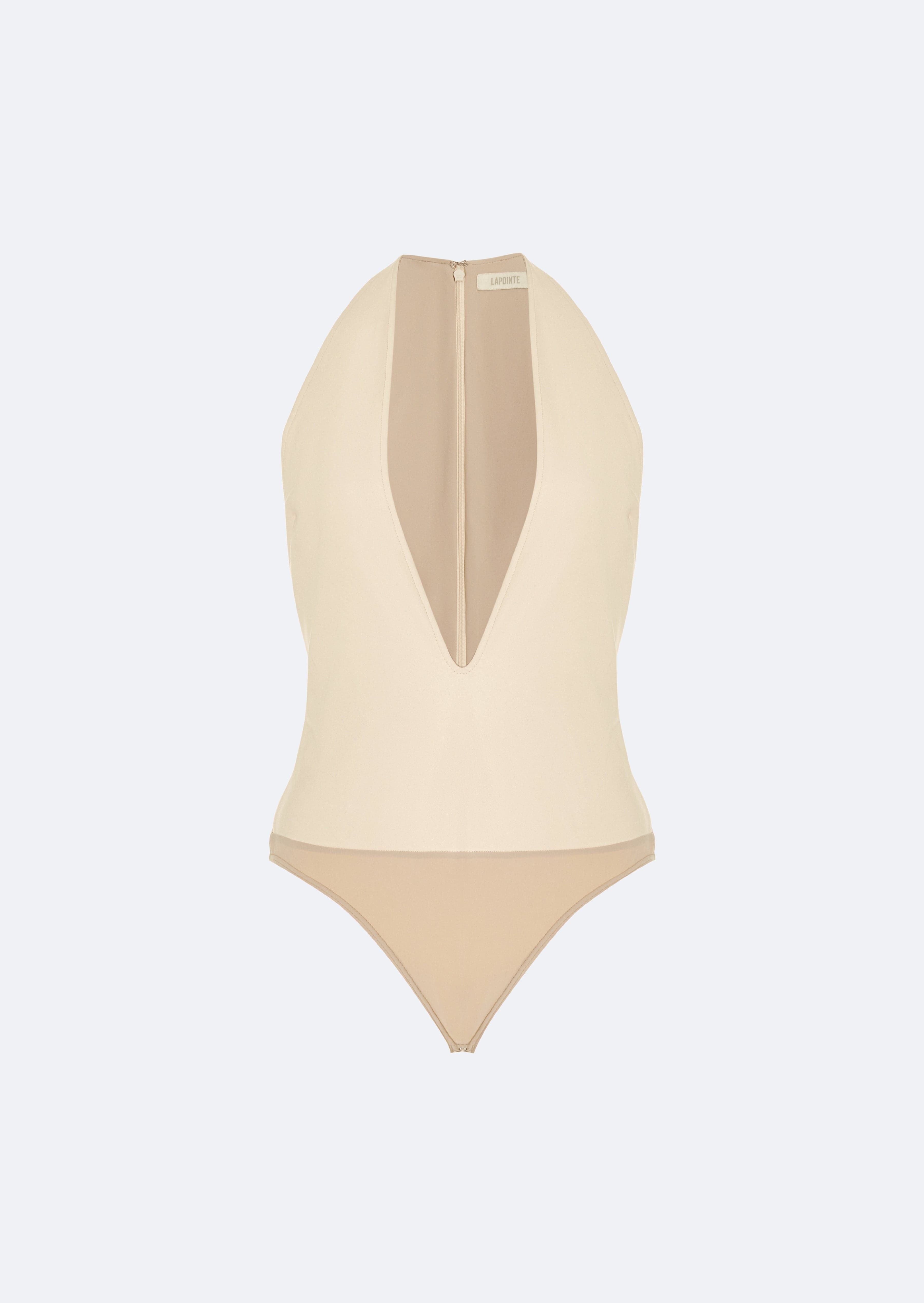Stretch Faux Leather Plunge Neck Bodysuit in Ecru Tan and