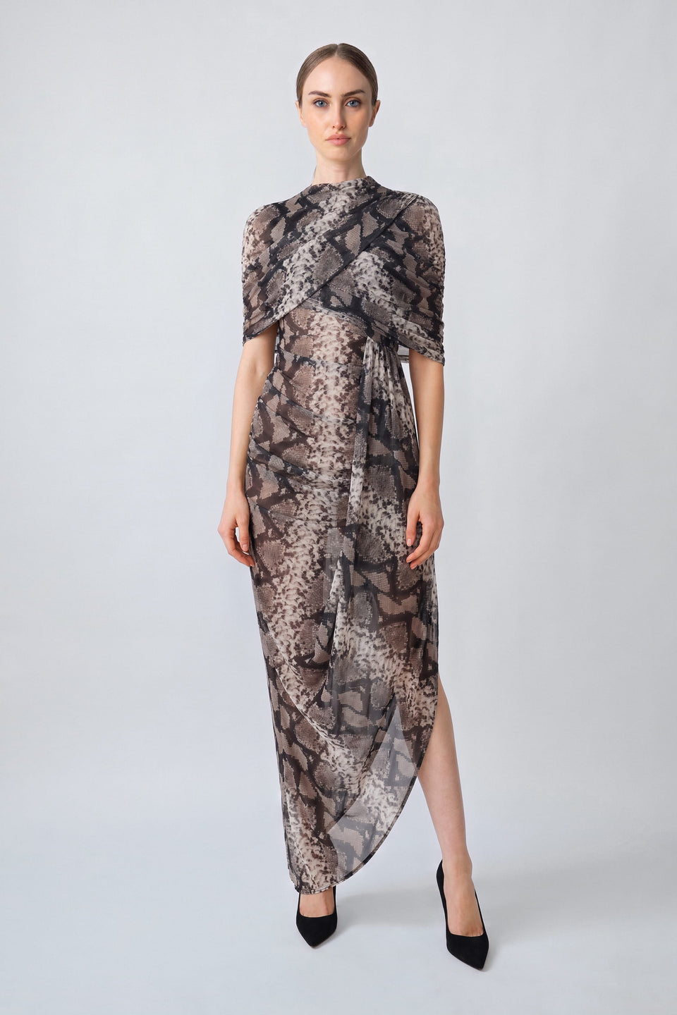 Printed Mesh Double Shawl Draped Dress - LAPOINTE