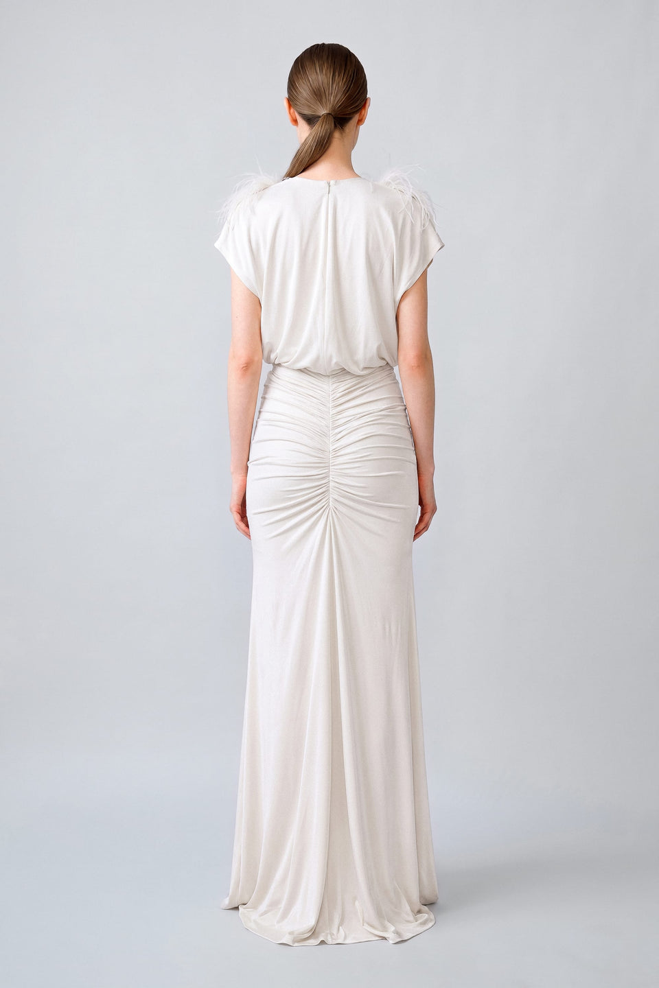 Jersey V Neck Shirred Gown With Feathers - LAPOINTE