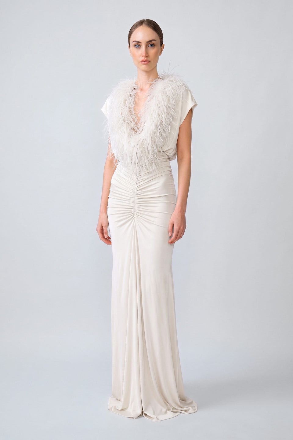 Jersey V Neck Shirred Gown With Feathers - LAPOINTE