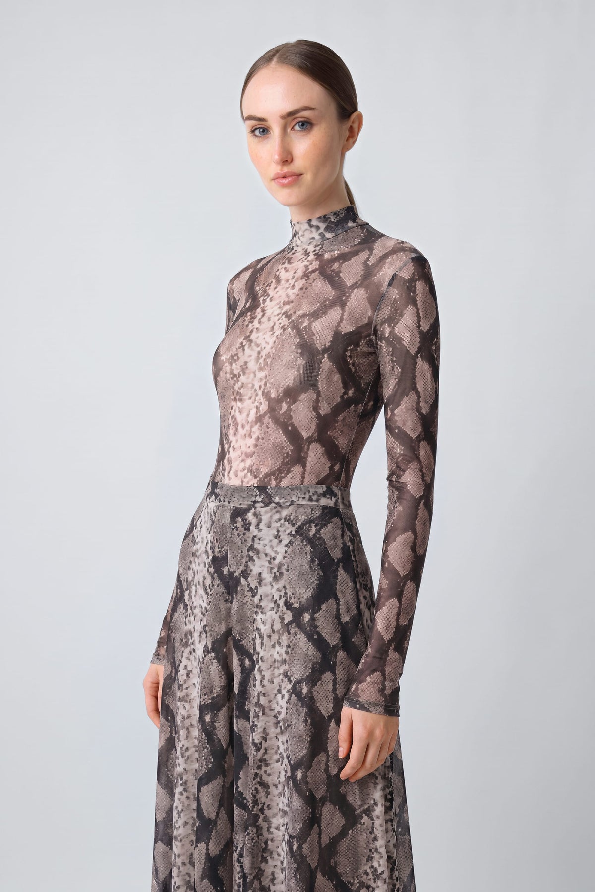 Printed Mesh Mock Neck Bodysuit
