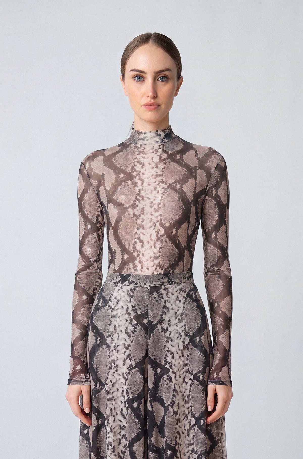 Printed Mesh Mock Neck Bodysuit