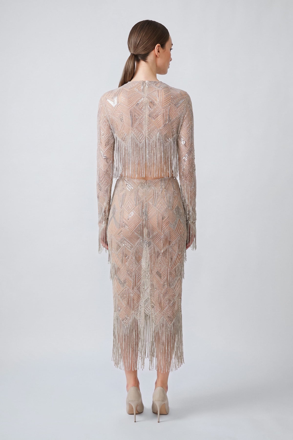 Geometric Crystal Fringe High Waist Skirt