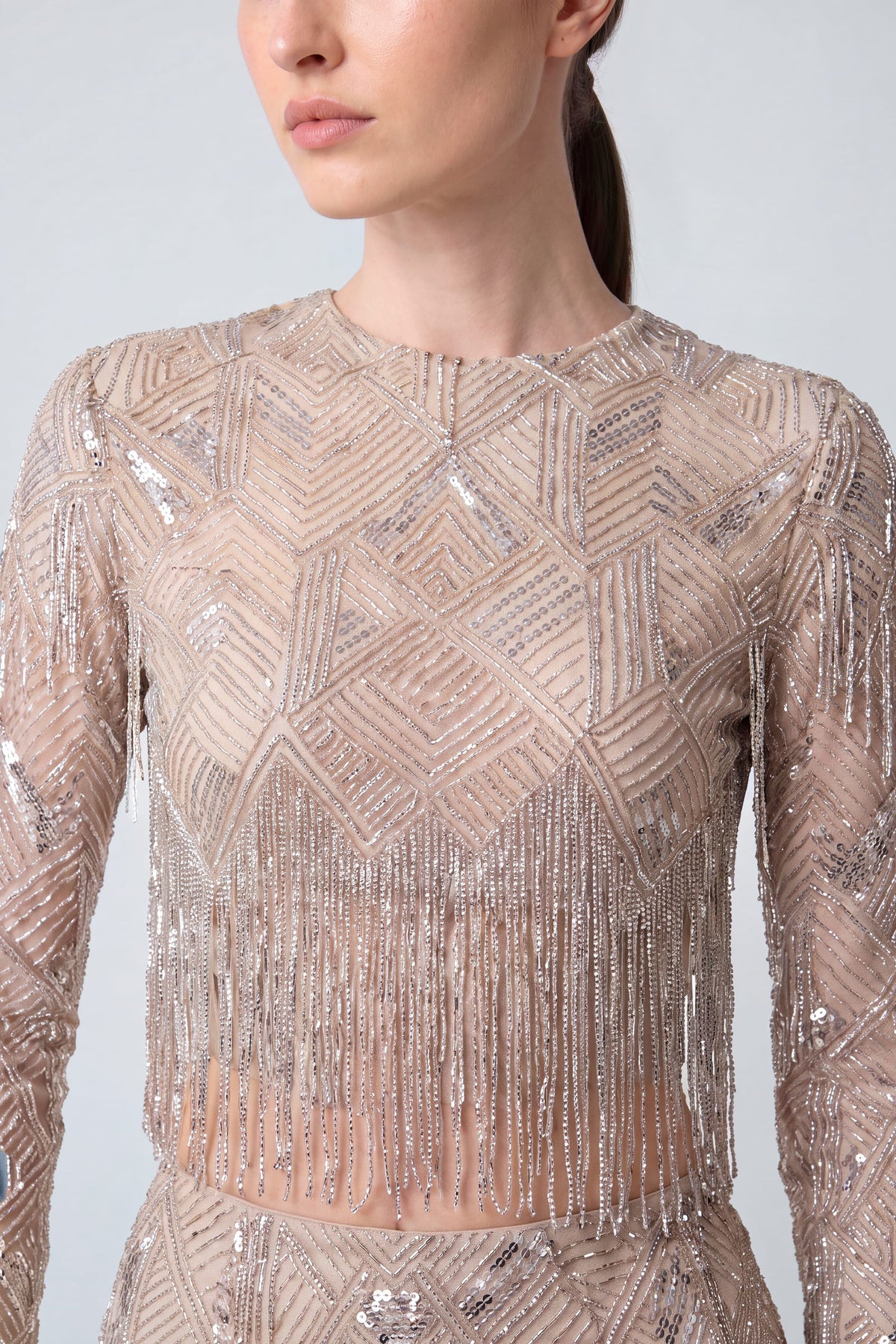 Geometric Crystal Fringe Cropped Top