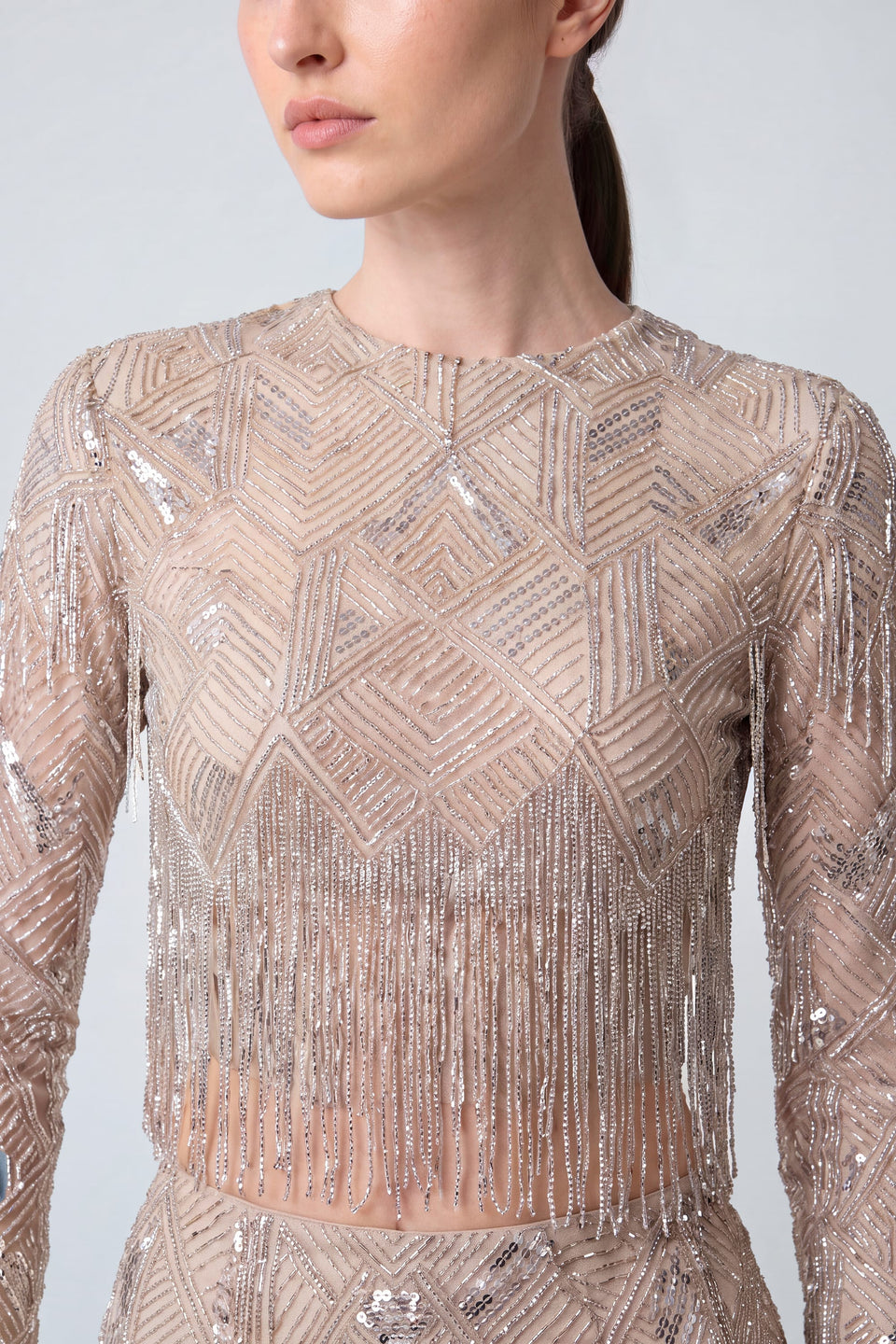 Geometric Crystal Fringe Cropped Top