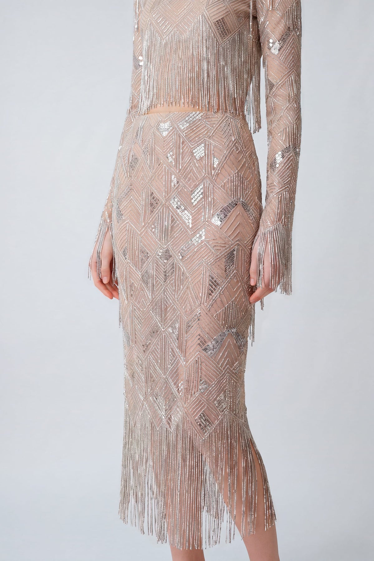 Geometric Crystal Fringe High Waist Skirt