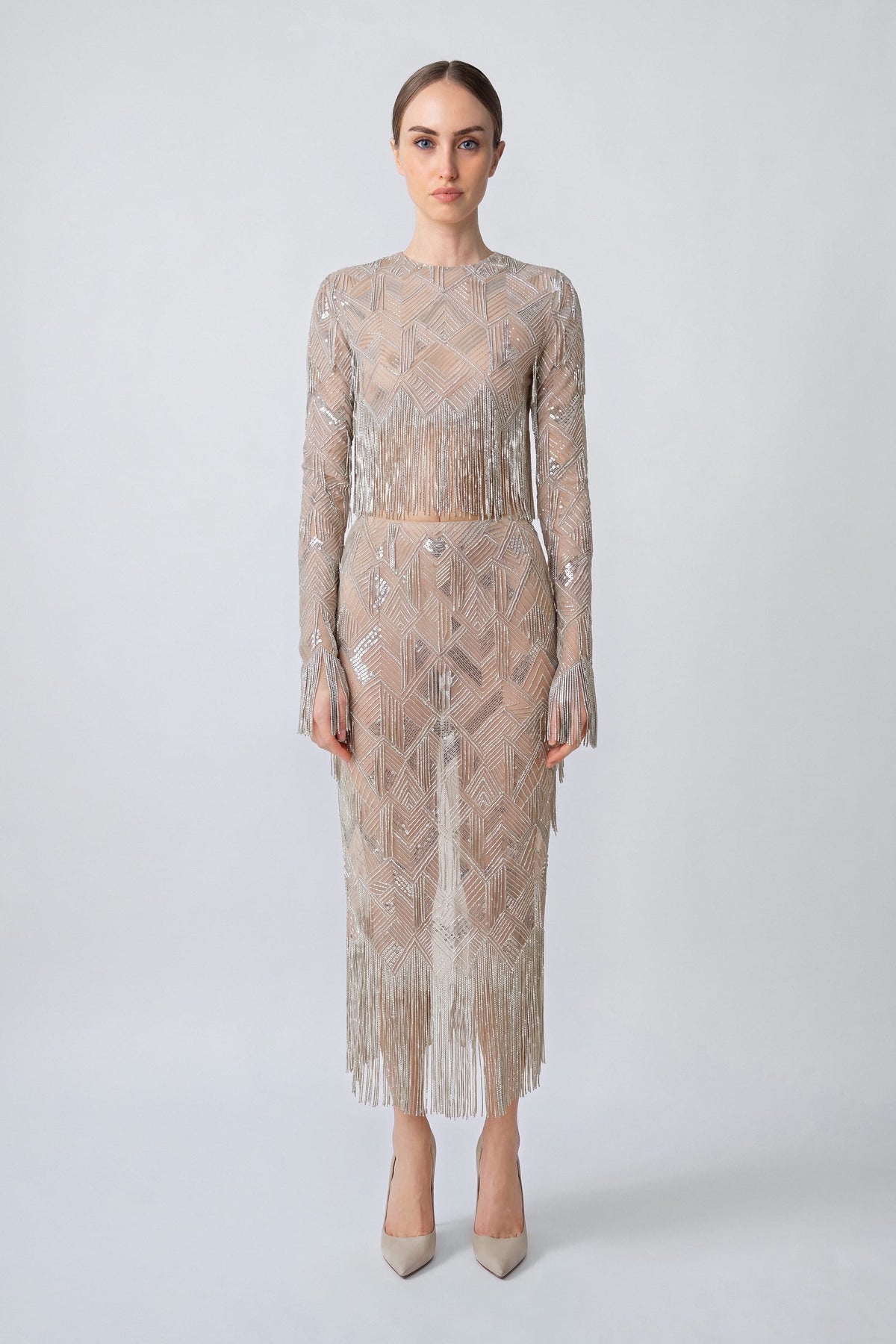 Geometric Crystal Fringe High Waist Skirt
