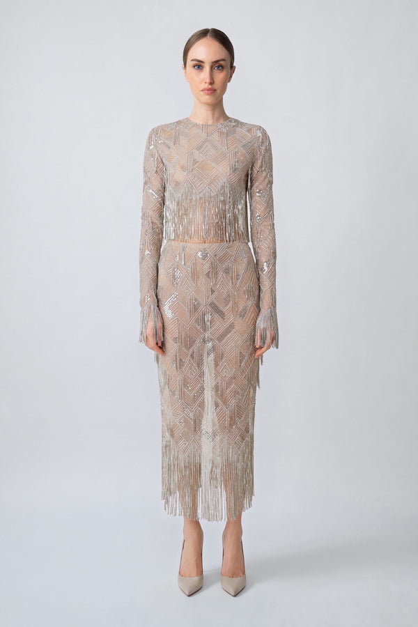 Geometric Crystal Fringe High Waist Skirt - LAPOINTE