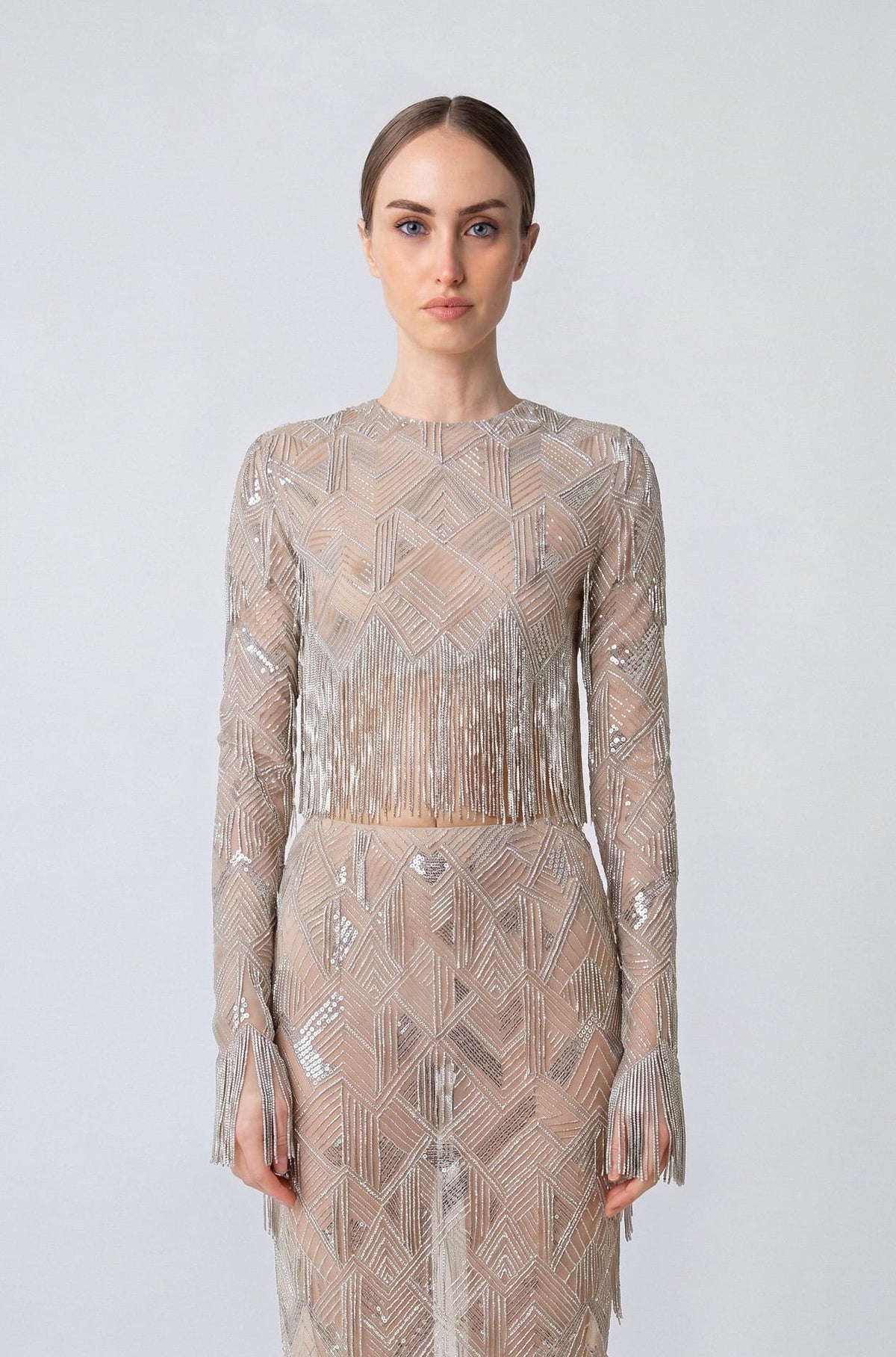 Geometric Crystal Fringe Cropped Top
